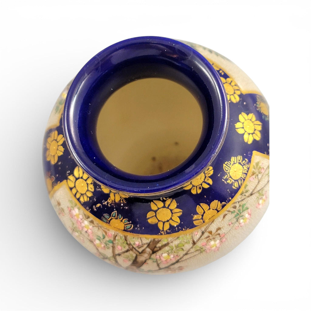 Antique Kinkozan Kyoto Satsuma Vase c.1895, Cobalt Blue & Gilt Birds, Moriage