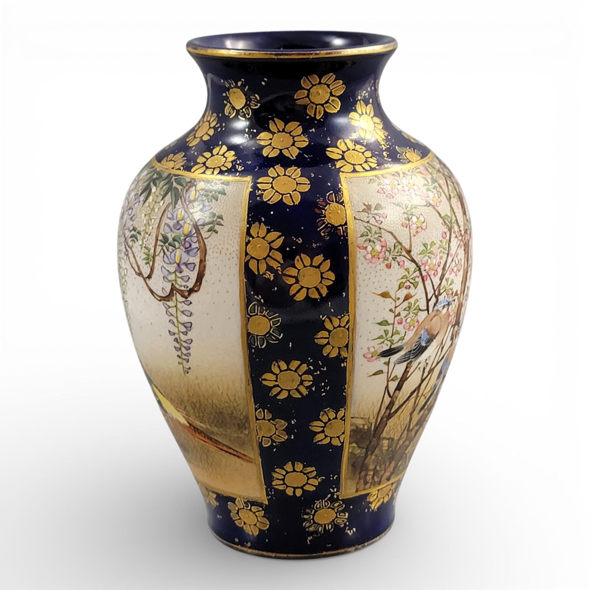 Antique Kinkozan Kyoto Satsuma Vase c.1895, Cobalt Blue & Gilt Birds, Moriage