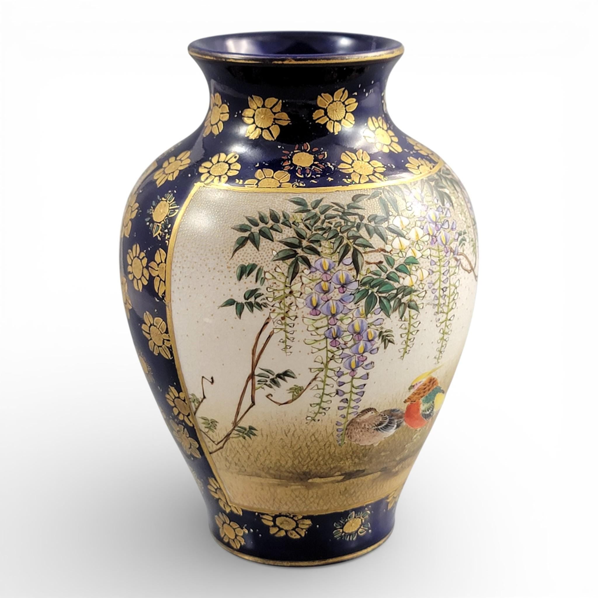 Antique Kinkozan Kyoto Satsuma Vase c.1895, Cobalt Blue & Gilt Birds, Moriage