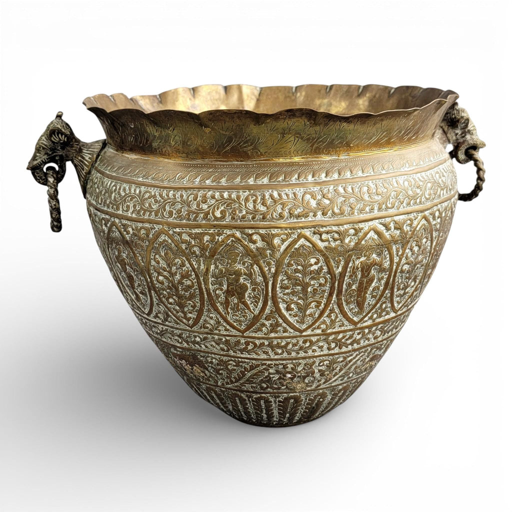 Large Indian Raj Period Hand-Engraved Brass Jardinière, c.1870–1890