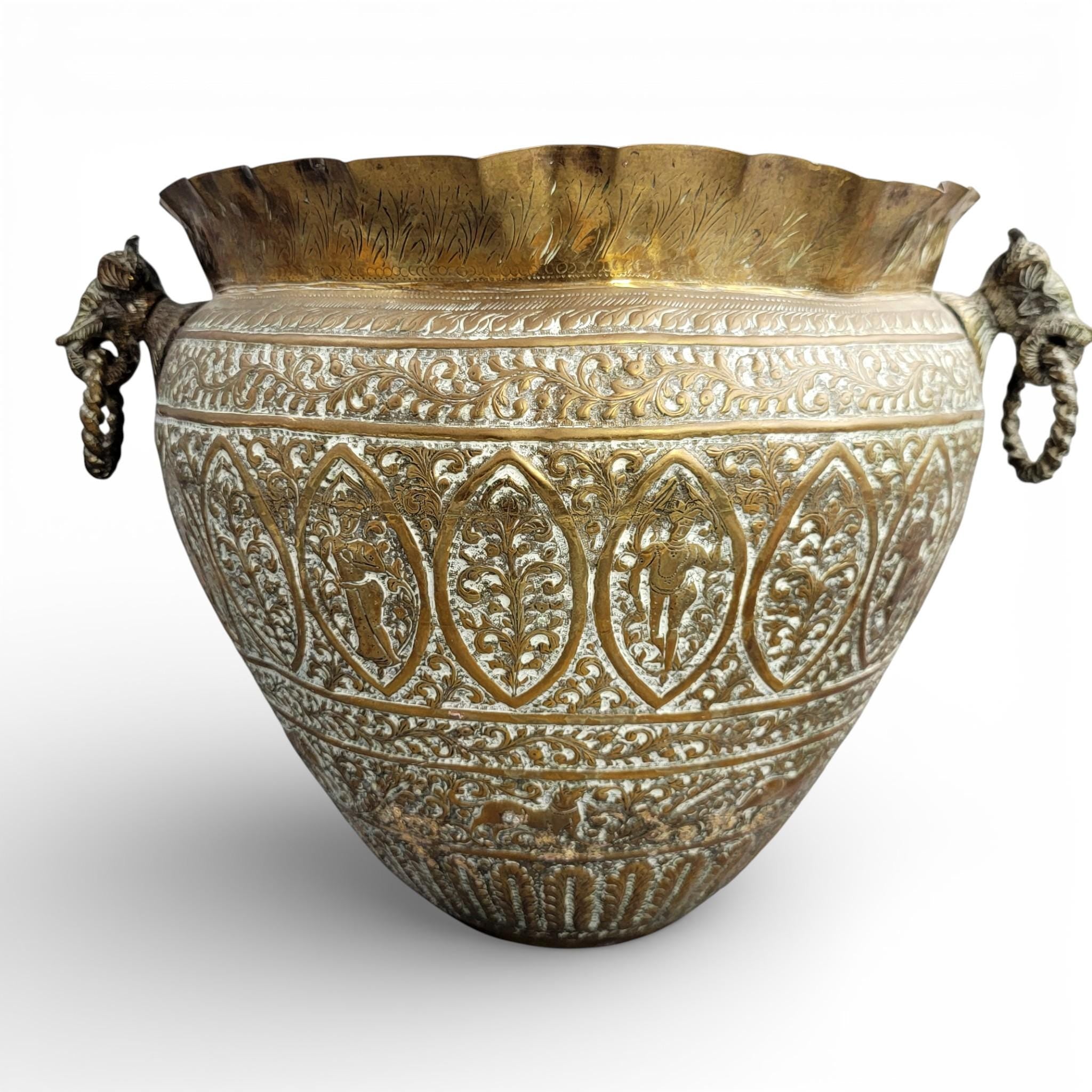 Large Indian Raj Period Hand-Engraved Brass Jardinière, c.1870–1890