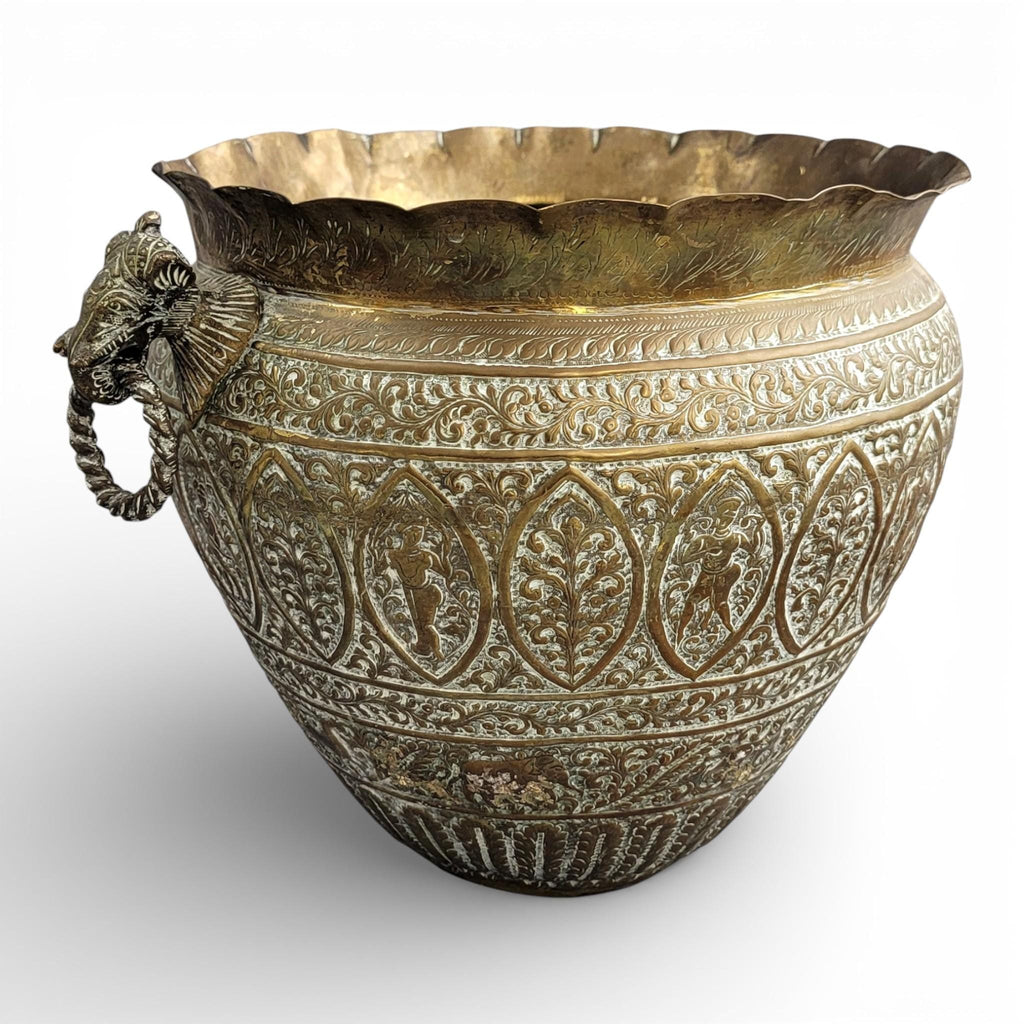 Large Indian Raj Period Hand-Engraved Brass Jardinière, c.1870–1890