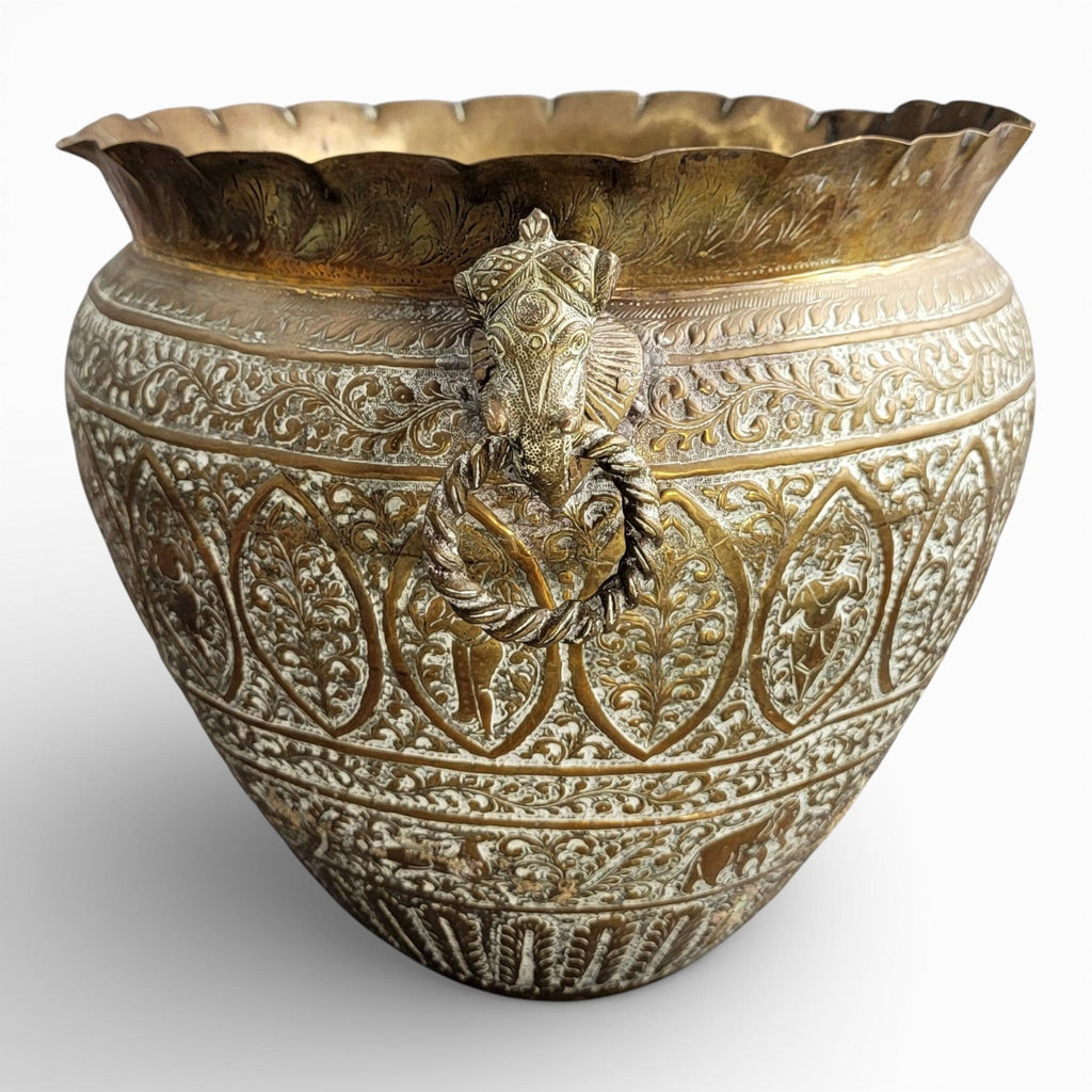 Large Indian Raj Period Hand-Engraved Brass Jardinière, c.1870–1890