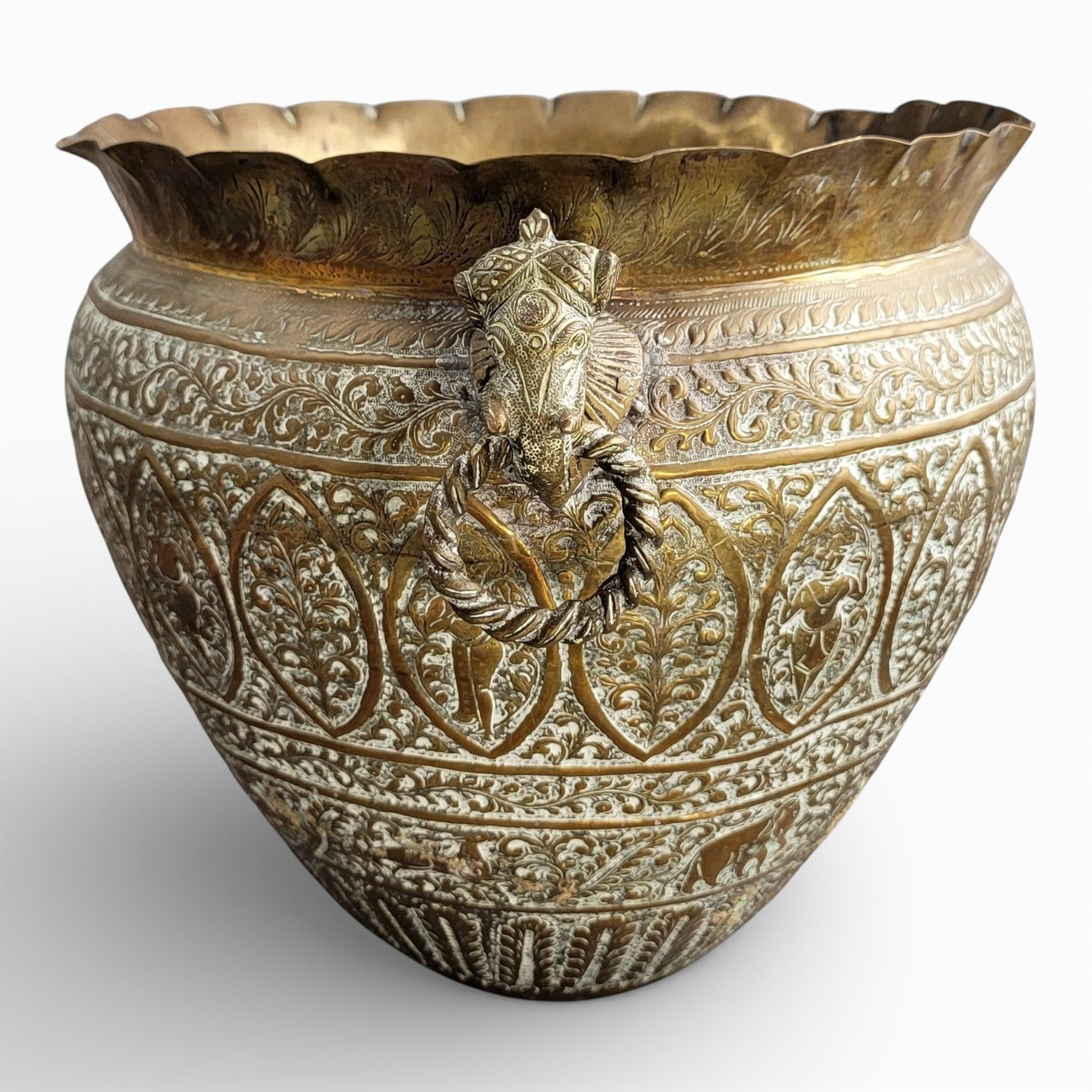 Large Indian Raj Period Hand-Engraved Brass Jardinière, c.1870–1890