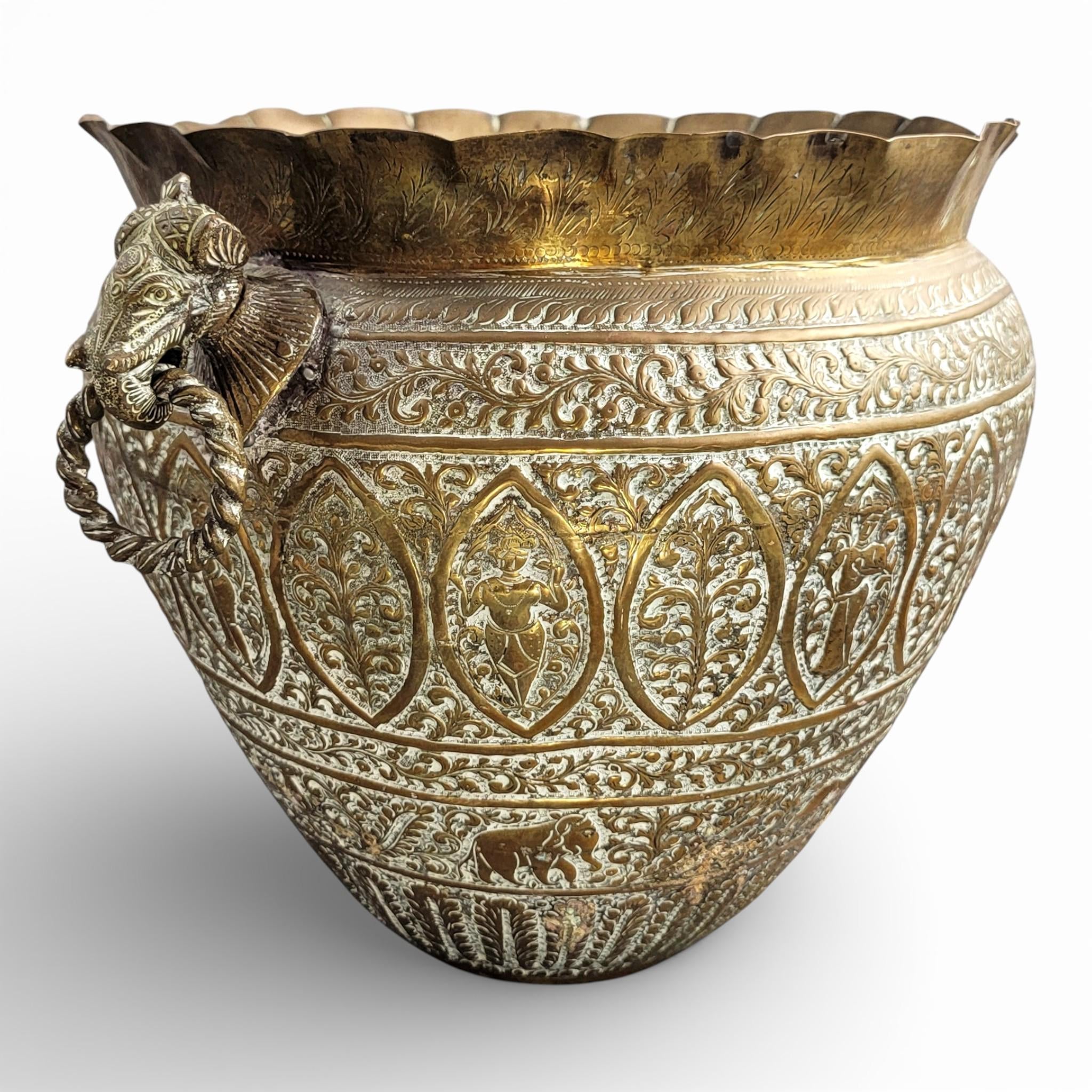 Large Indian Raj Period Hand-Engraved Brass Jardinière, c.1870–1890