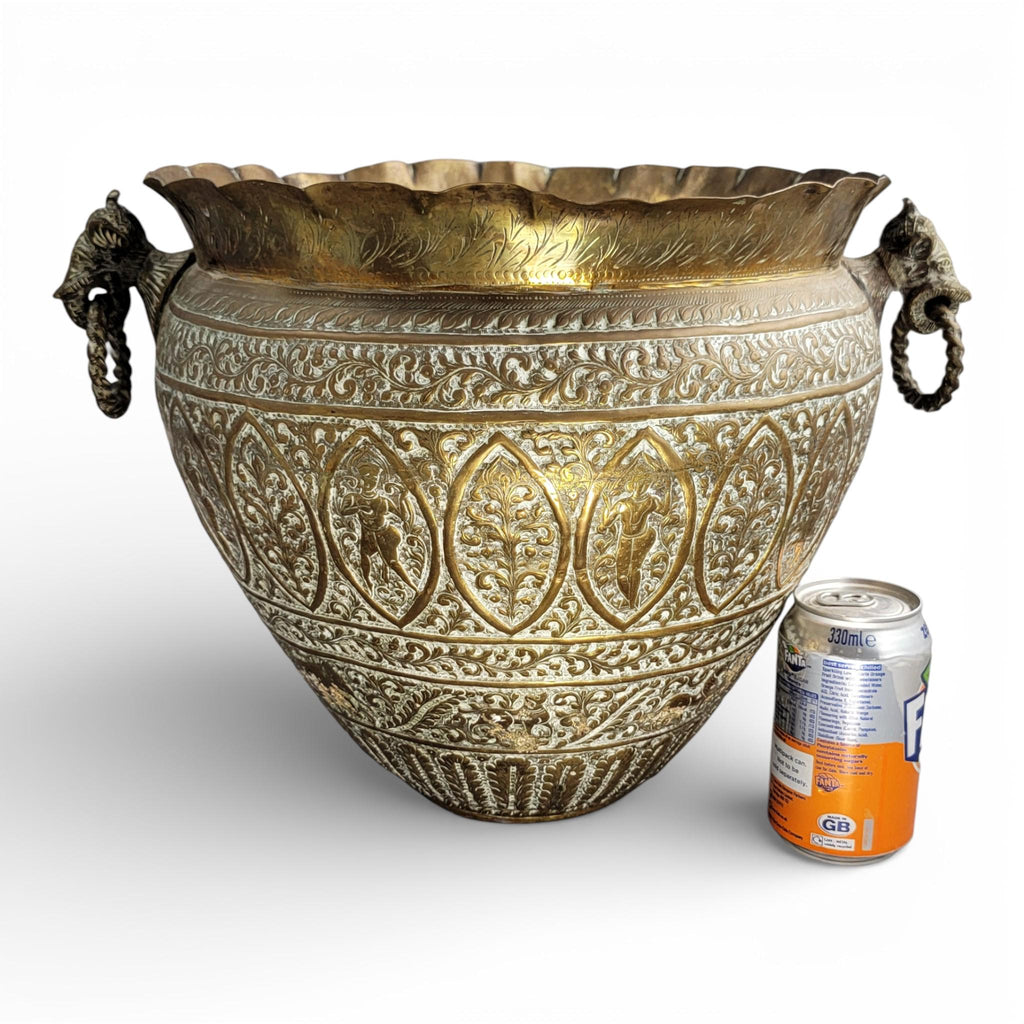 Large Indian Raj Period Hand-Engraved Brass Jardinière, c.1870–1890