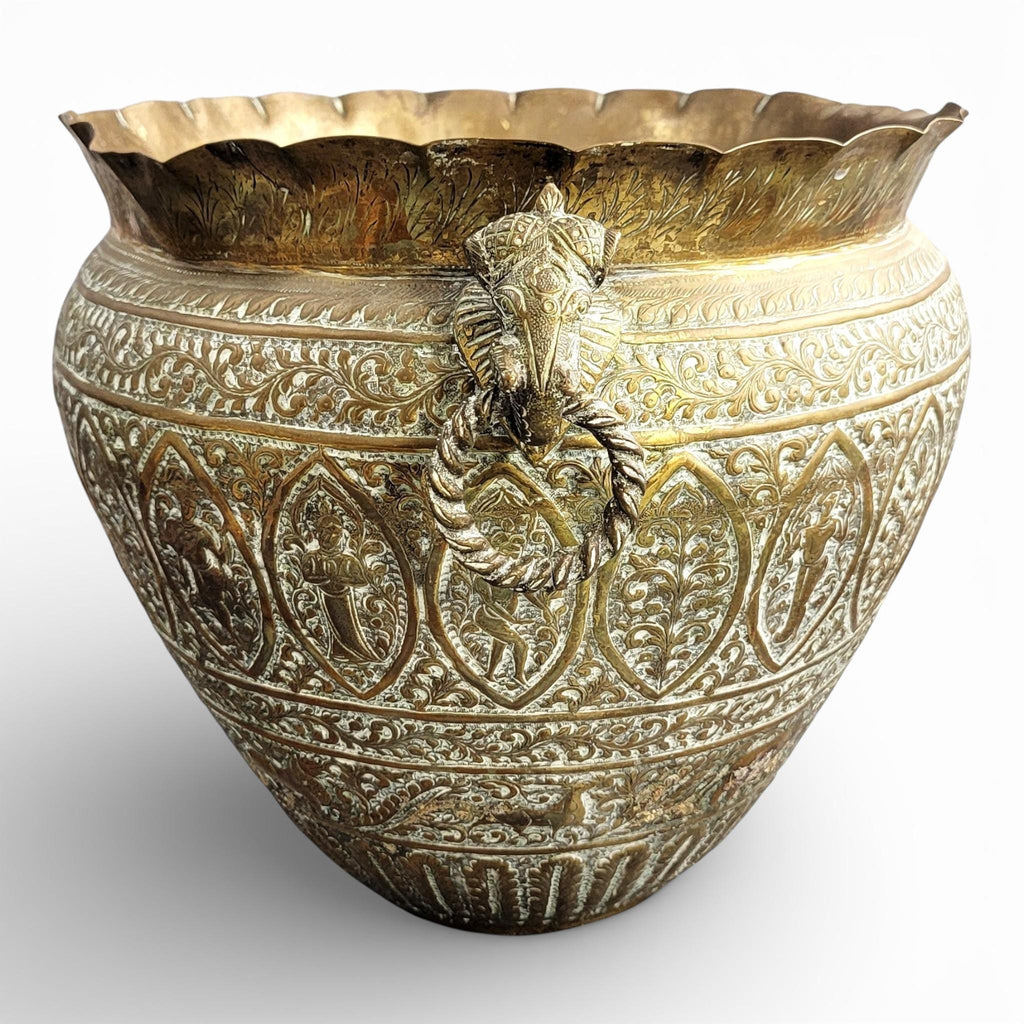 Large Indian Raj Period Hand-Engraved Brass Jardinière, c.1870–1890
