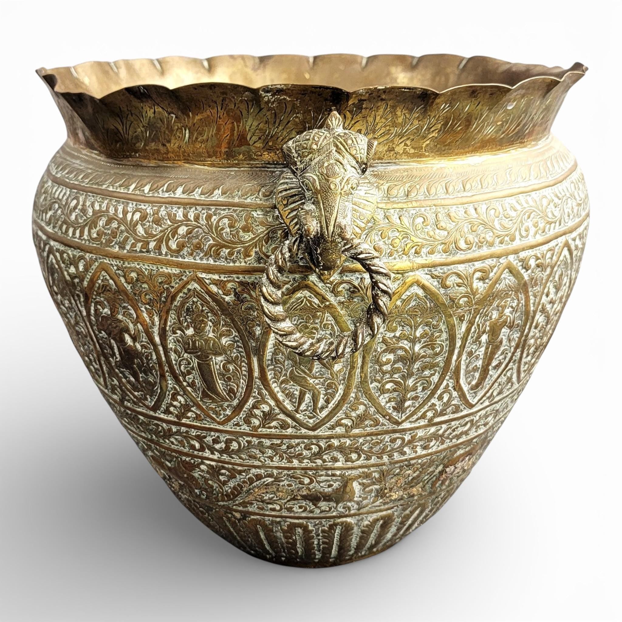 Large Indian Raj Period Hand-Engraved Brass Jardinière, c.1870–1890