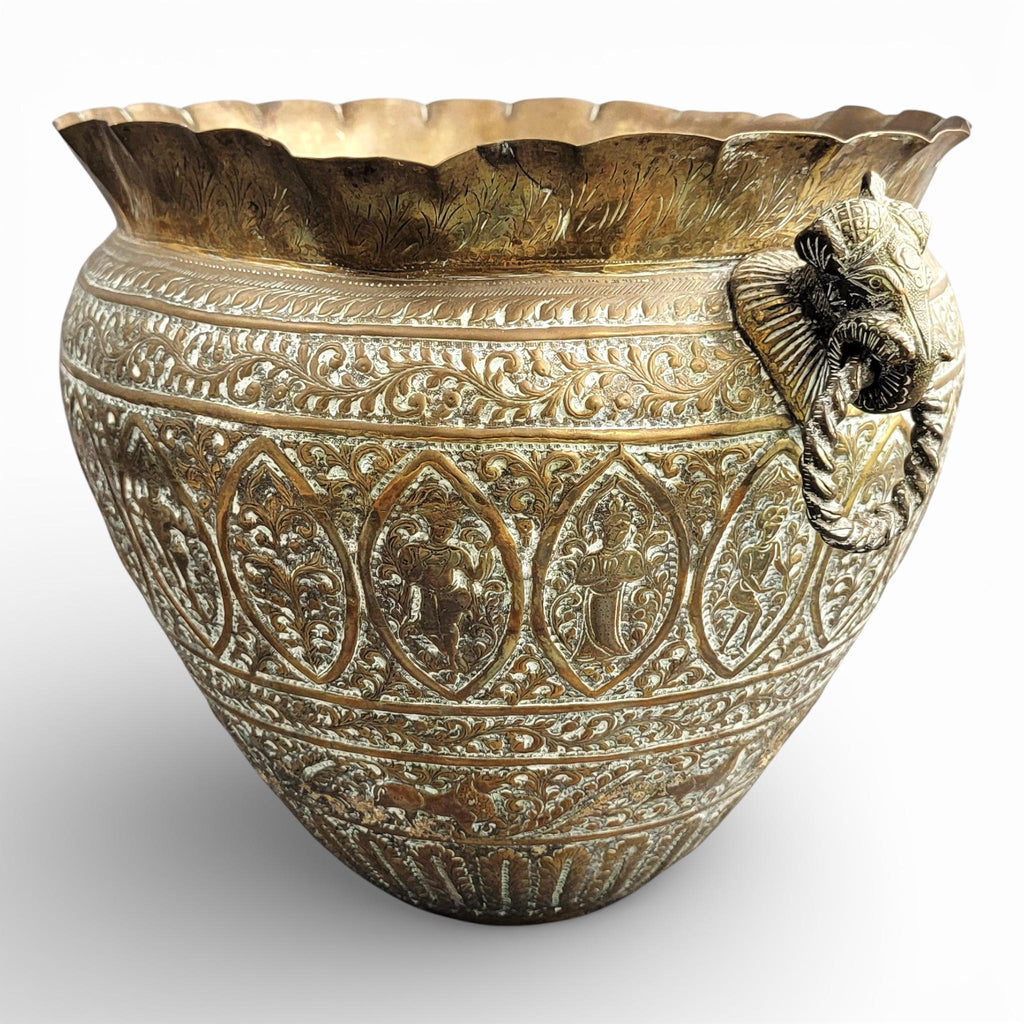 Large Indian Raj Period Hand-Engraved Brass Jardinière, c.1870–1890