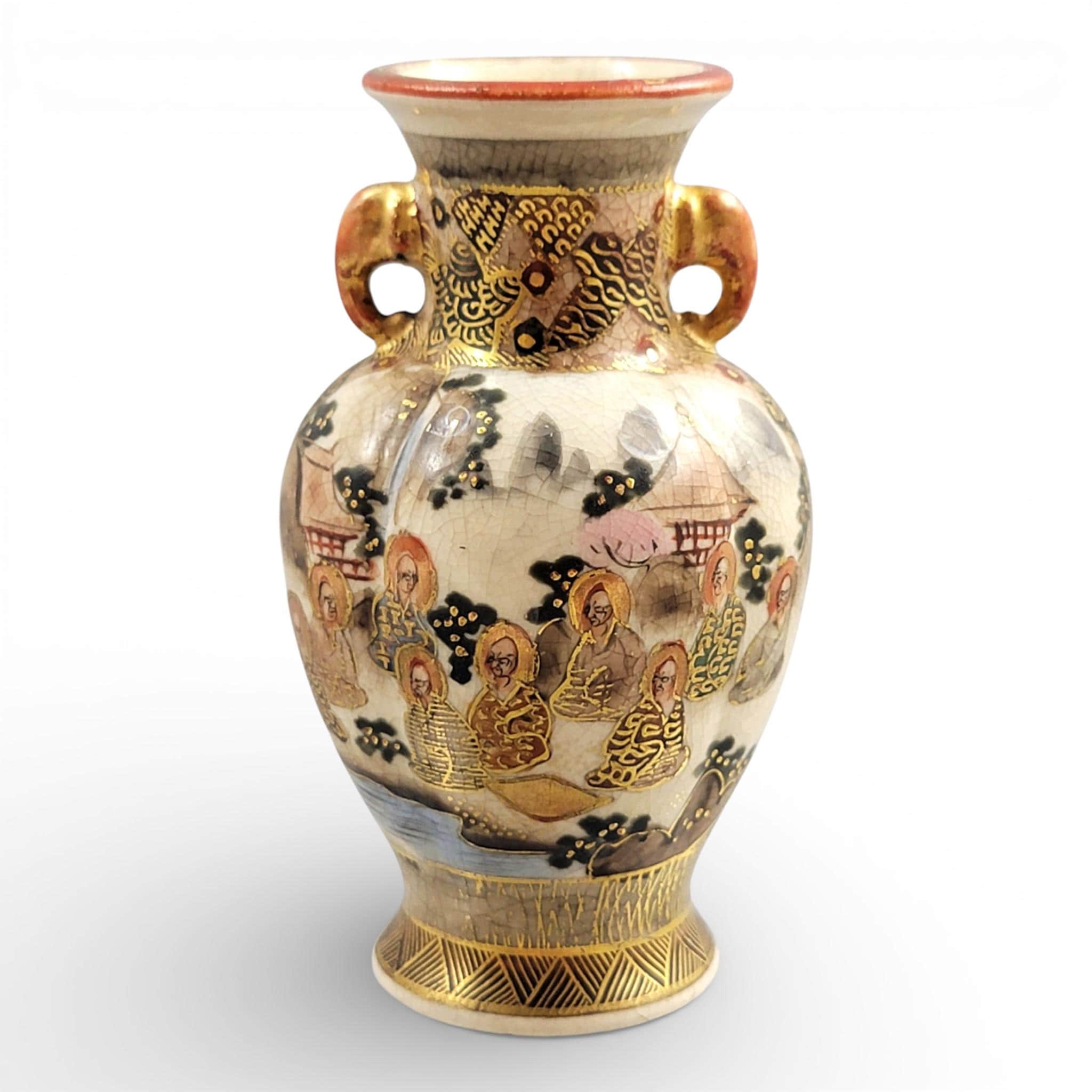 Antique Meiji Satsuma Miniature Vase, Gilt Figural Scene, Shimazu Mon, c.1890