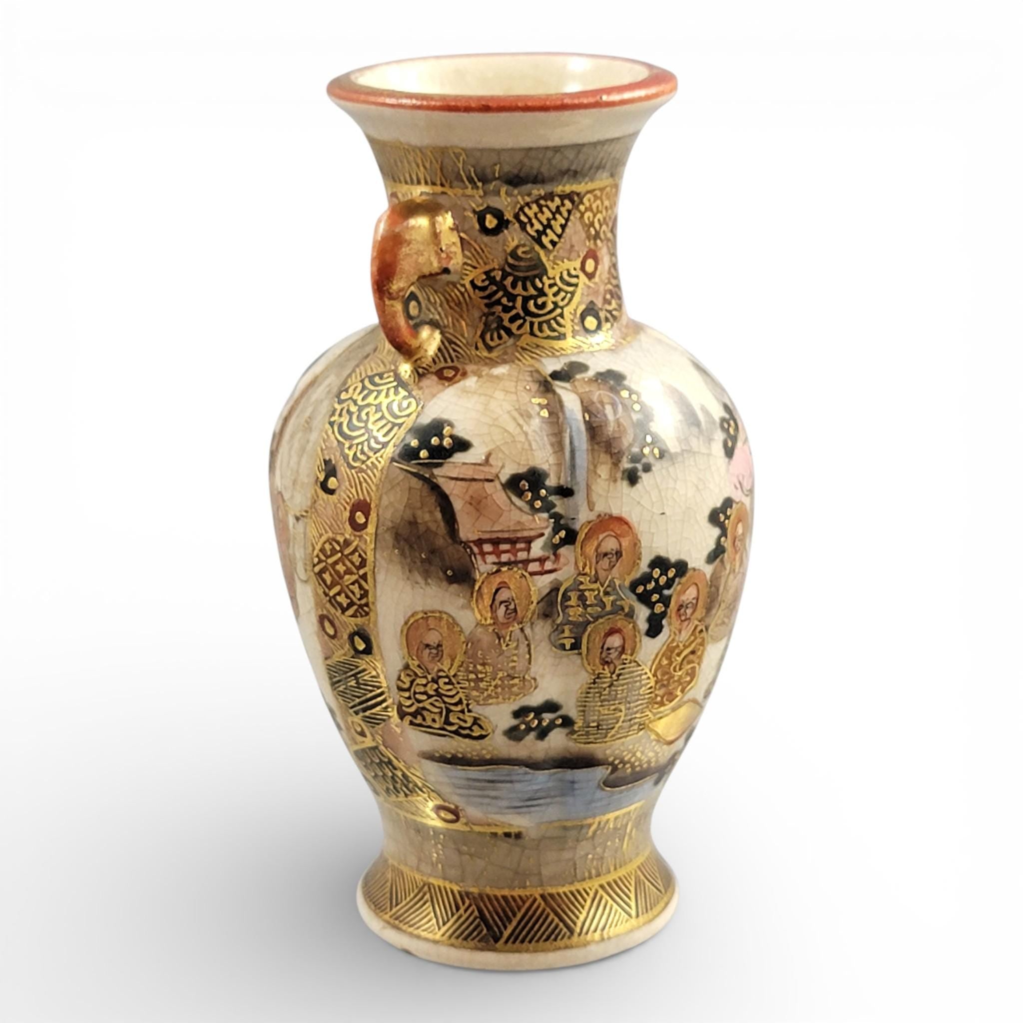 Antique Meiji Satsuma Miniature Vase, Gilt Figural Scene, Shimazu Mon, c.1890
