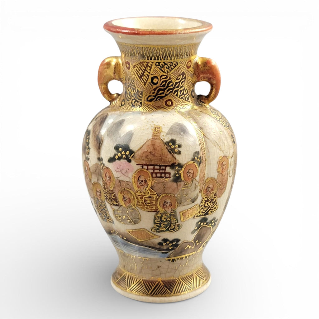 Antique Meiji Satsuma Miniature Vase, Gilt Figural Scene, Shimazu Mon, c.1890