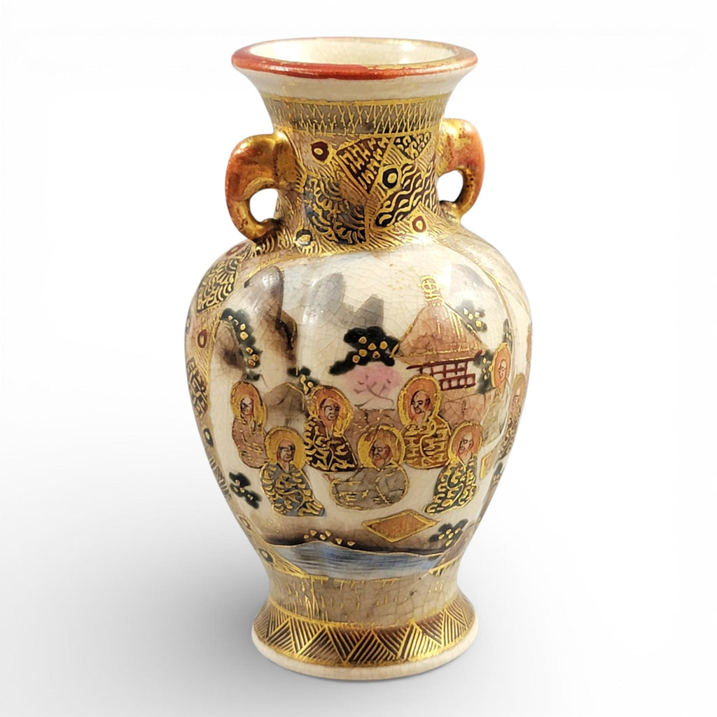 Antique Meiji Satsuma Miniature Vase, Gilt Figural Scene, Shimazu Mon, c.1890