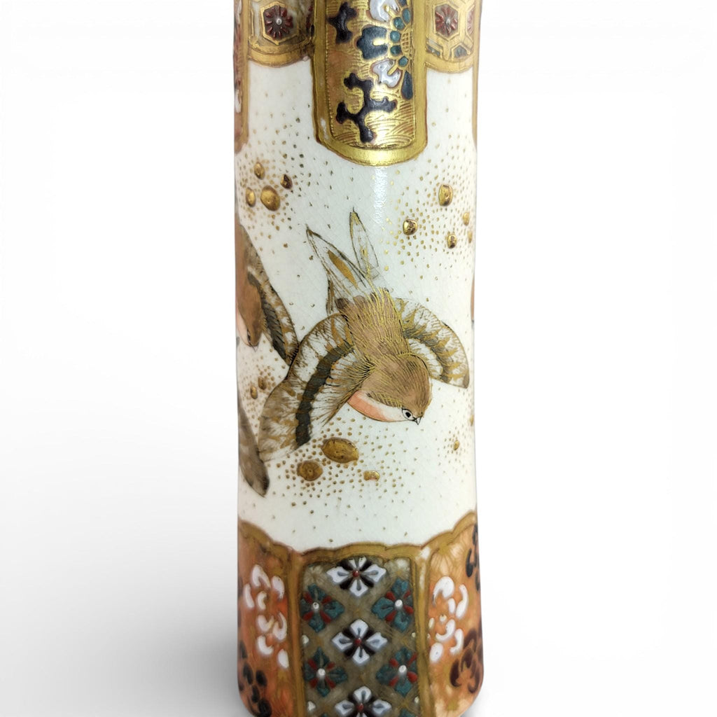 Rare pair of large Japanese Satsuma vases of elongated bottle form, dating to the Meiji period and standing approximately 38 cm high.