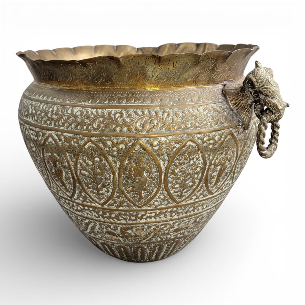 Large Indian Raj Period Hand-Engraved Brass Jardinière, c.1870–1890