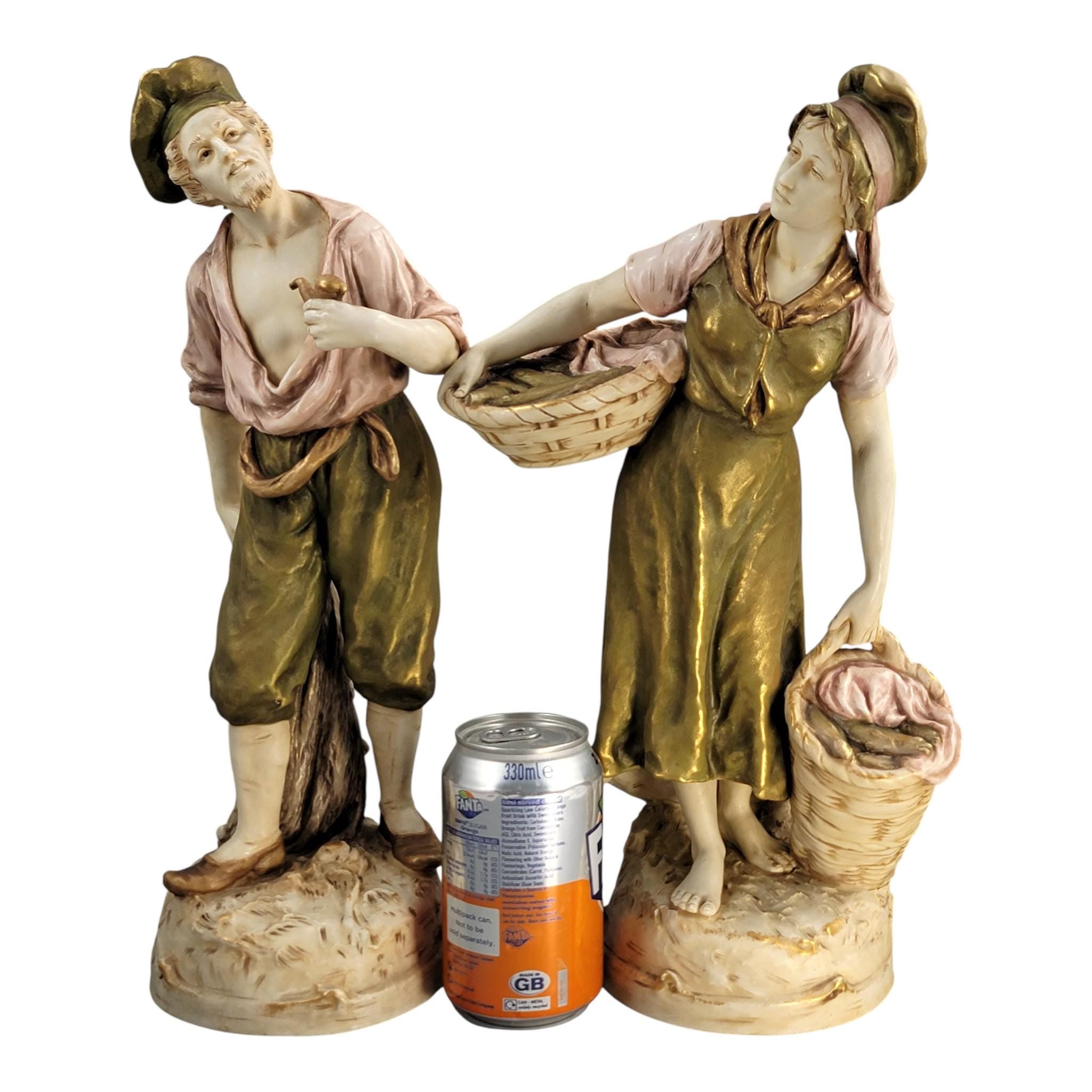 Royal Dux Porcelain Fisherman and Fisherwoman Figures, Bohemia, c. 1918