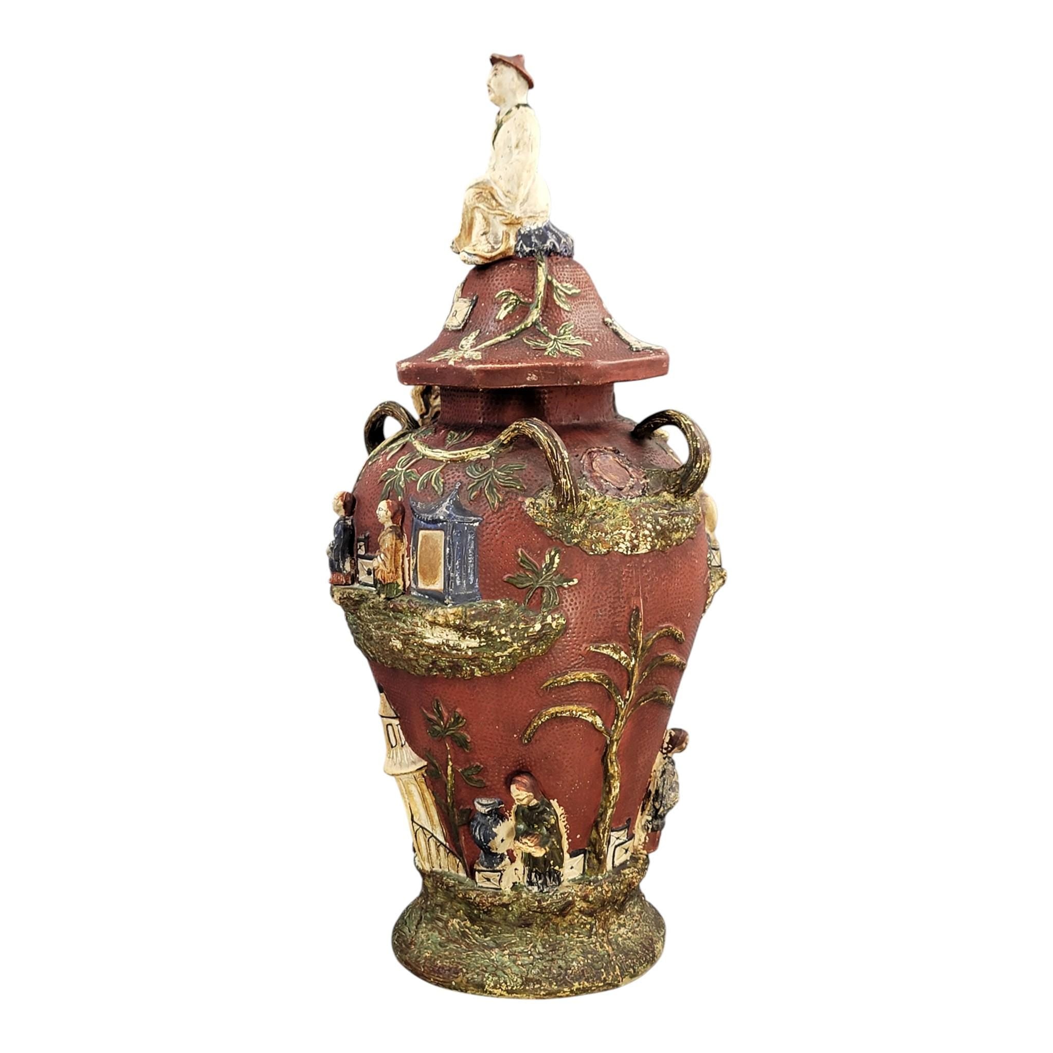Rare Continental Maiolica Chinoiserie Vase with Cover, c. 1860–1880