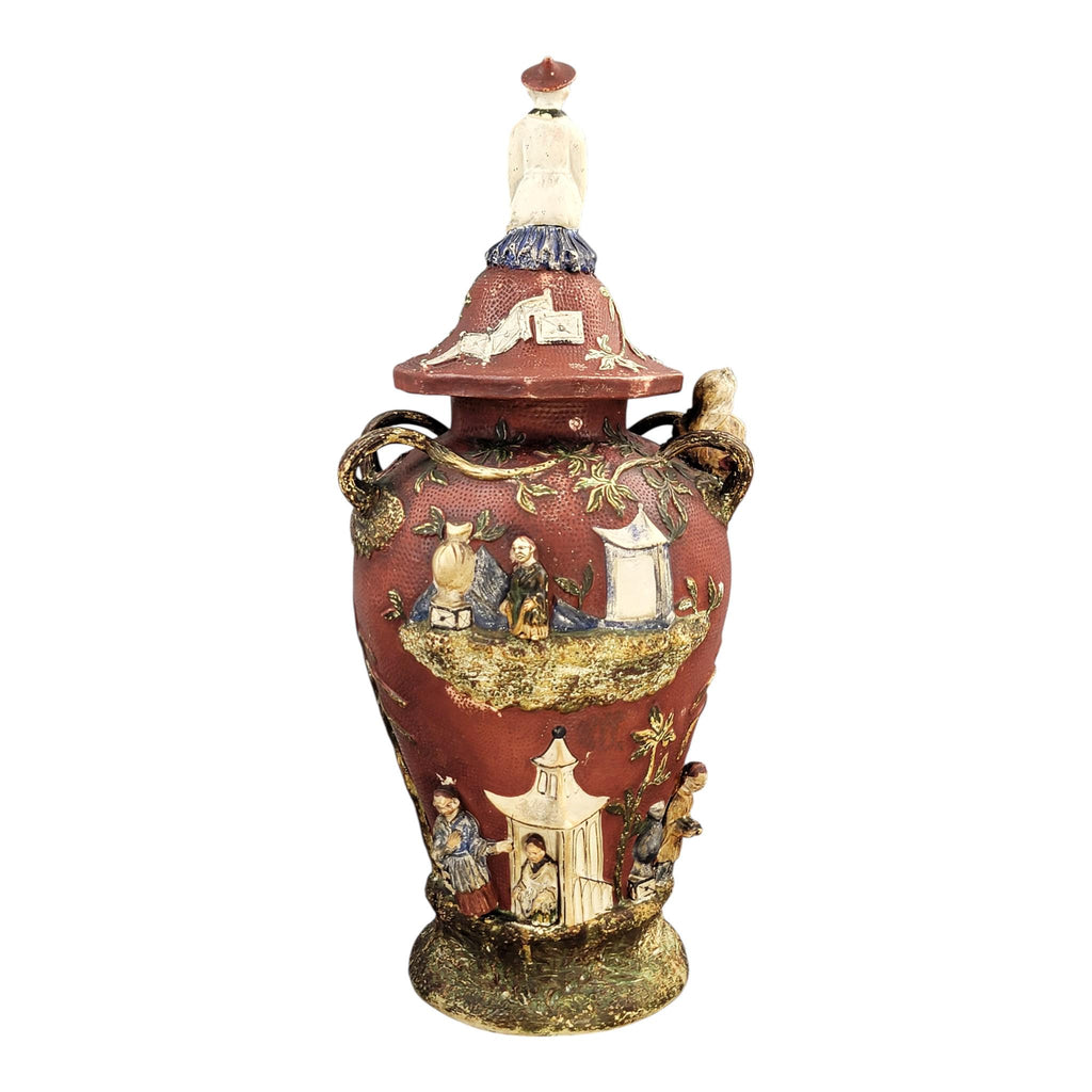Rare Continental Maiolica Chinoiserie Vase with Cover, c. 1860–1880