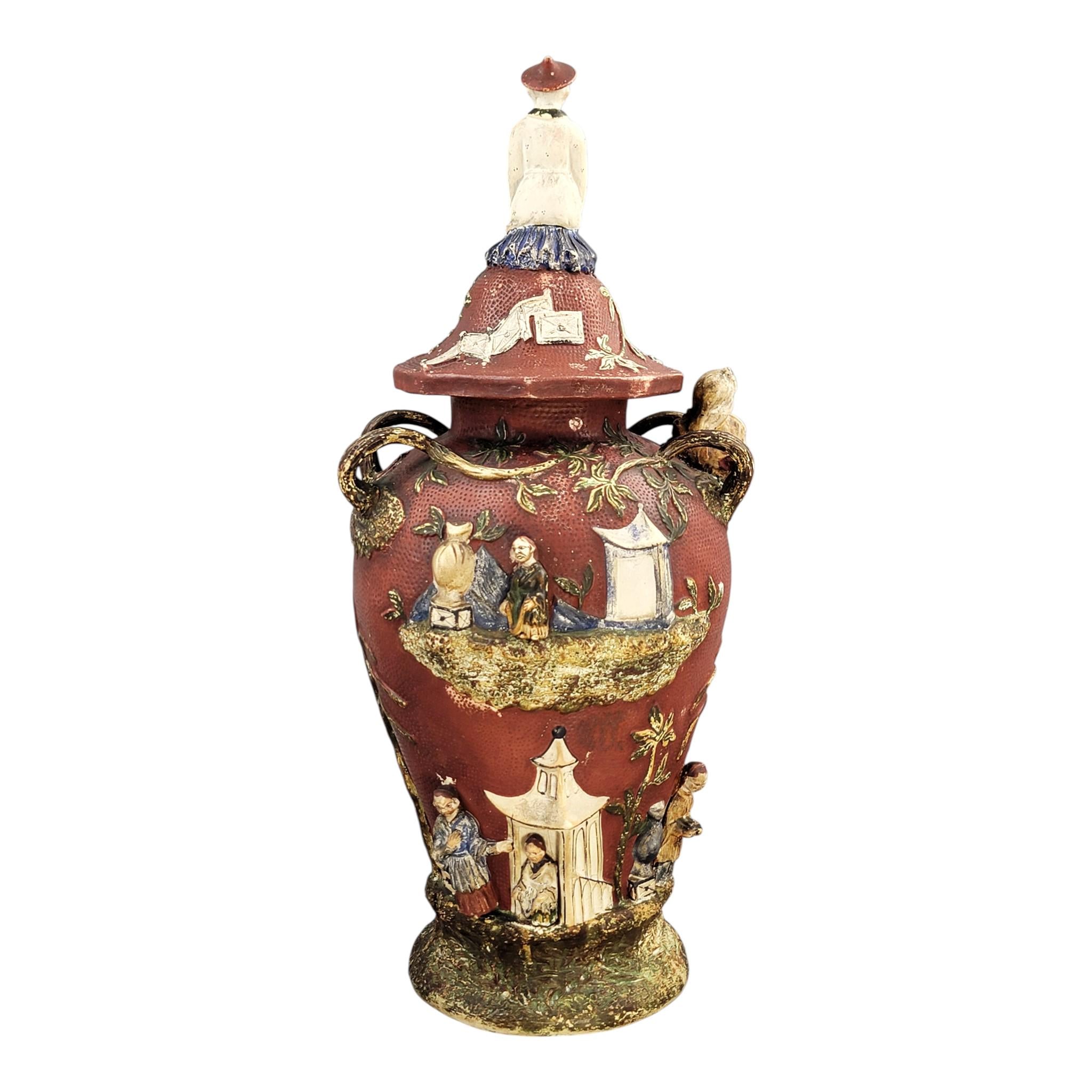 Rare Continental Maiolica Chinoiserie Vase with Cover, c. 1860–1880