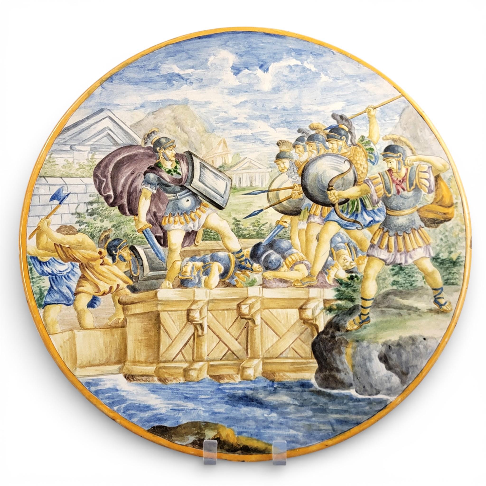 Italian Maiolica Istoriato Charger with Classical Battle Scene, Pesaro Revival, c. 1890–1915