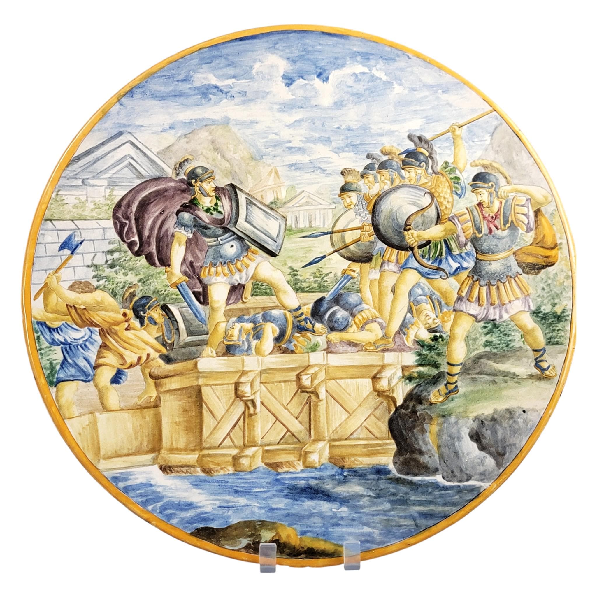 Italian Maiolica Istoriato Charger with Classical Battle Scene, Pesaro Revival, c. 1890–1915