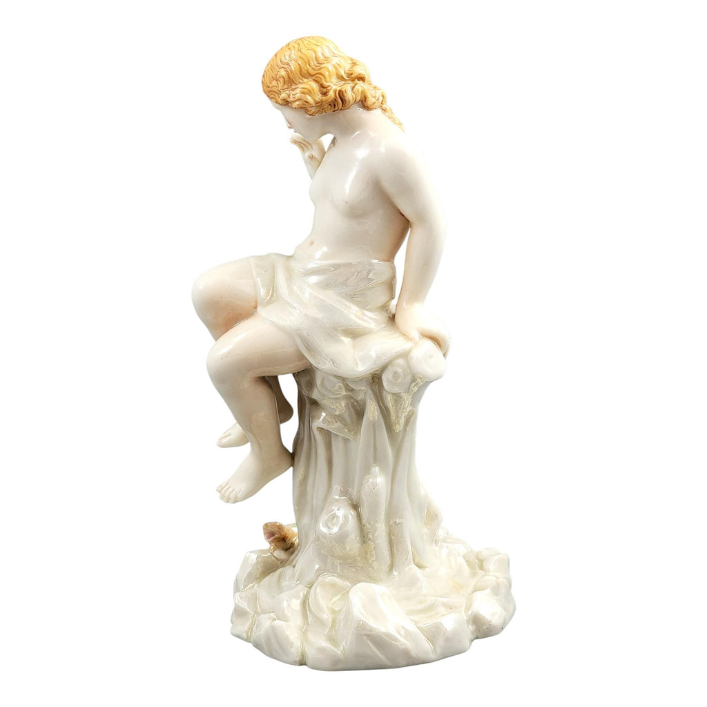 Royal Worcester iridescent porcelain maiden with lizard sculpture, c.1870