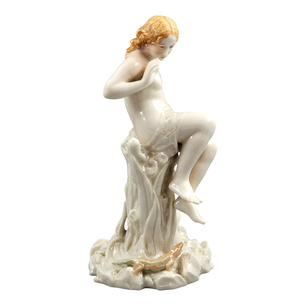 Royal Worcester iridescent porcelain maiden with lizard sculpture, c.1870