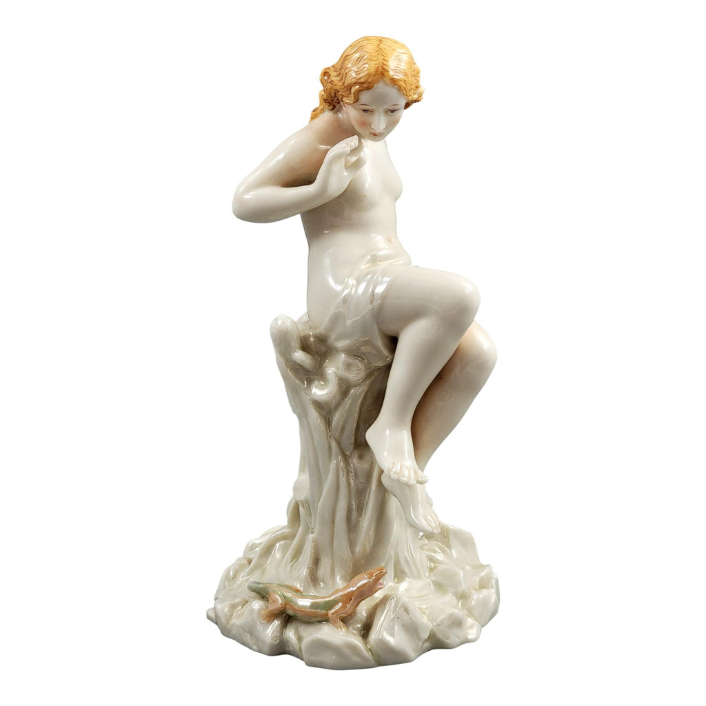 Royal Worcester iridescent porcelain maiden with lizard sculpture, c.1870