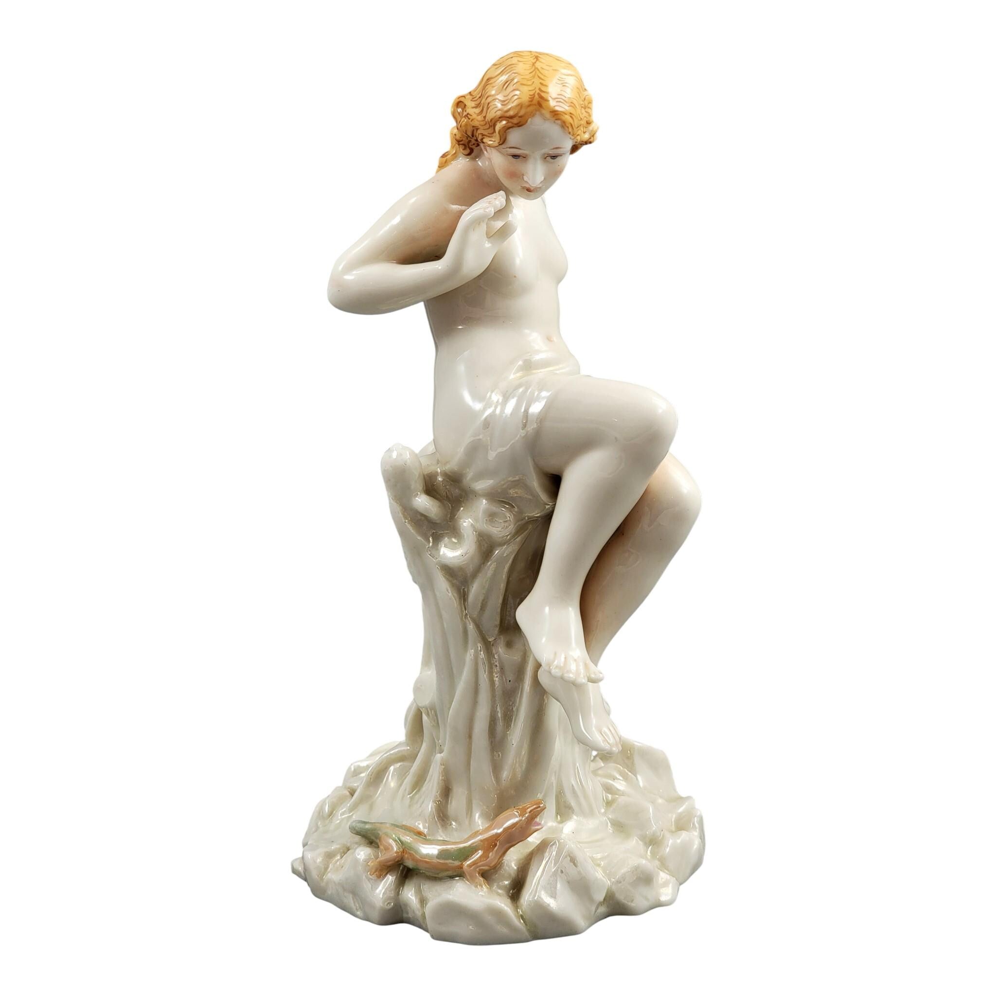 Royal Worcester iridescent porcelain maiden with lizard sculpture, c.1870