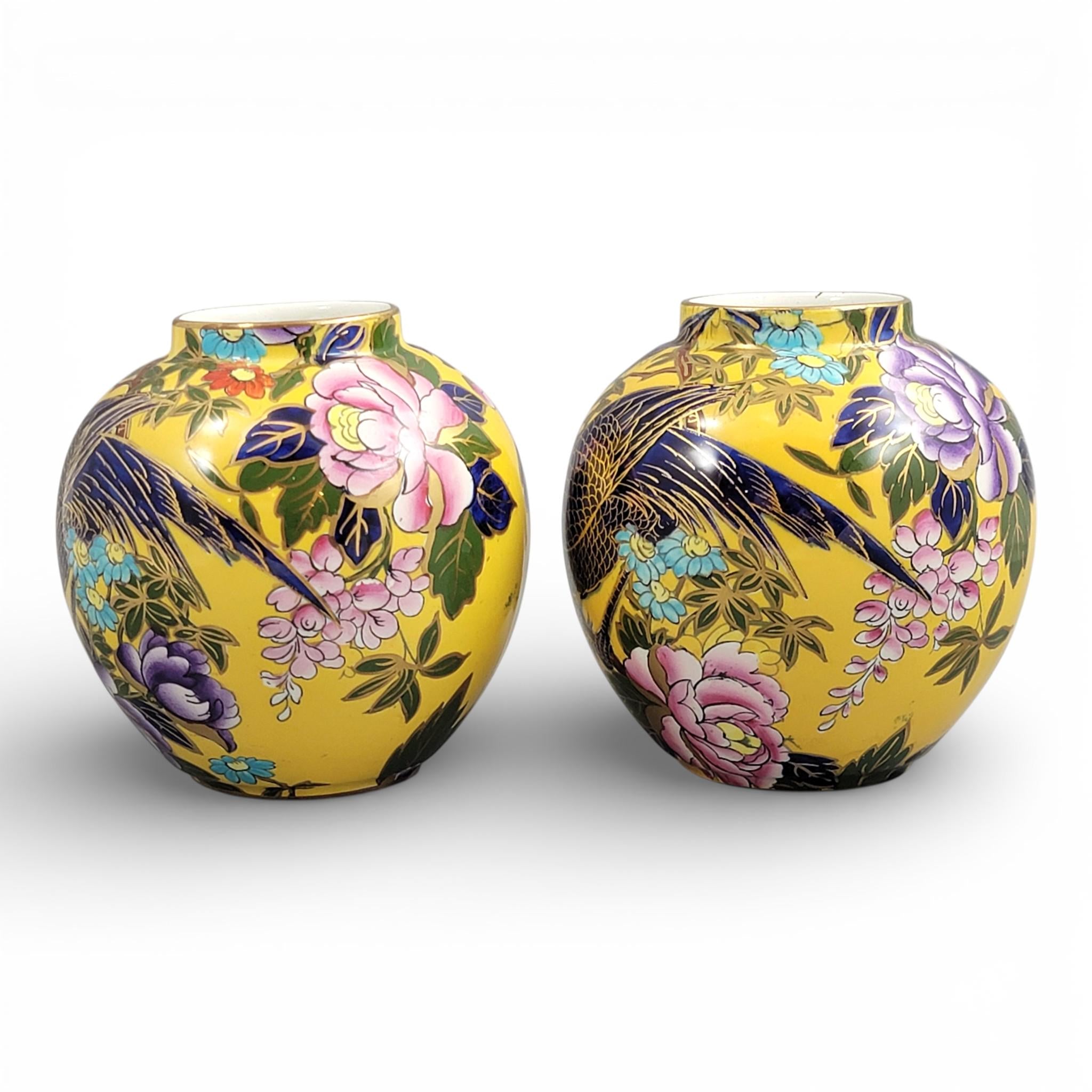 Mason’s Patent Ironstone Pair of Posy Vases with Exotic Bird, c.1915