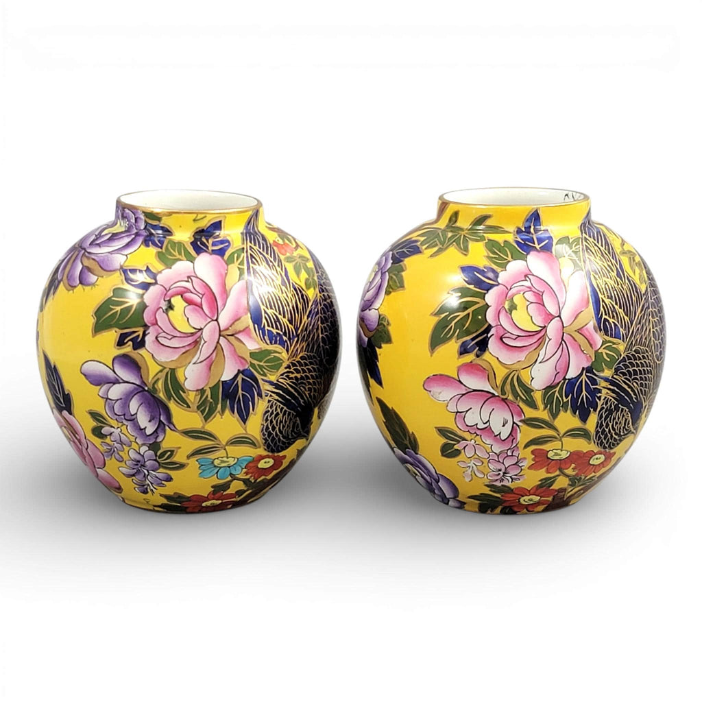 Mason’s Patent Ironstone Pair of Posy Vases with Exotic Bird, c.1915
