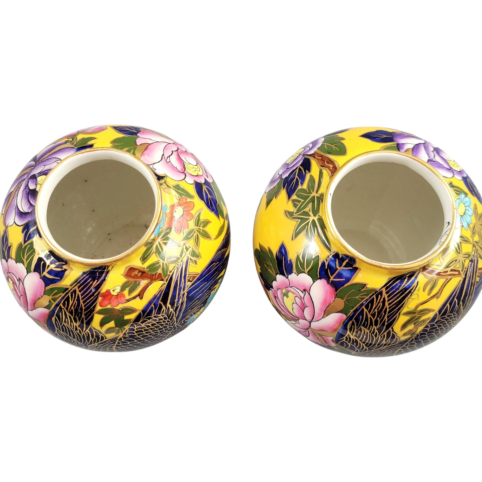 Mason’s Patent Ironstone Pair of Posy Vases with Exotic Bird, c.1915
