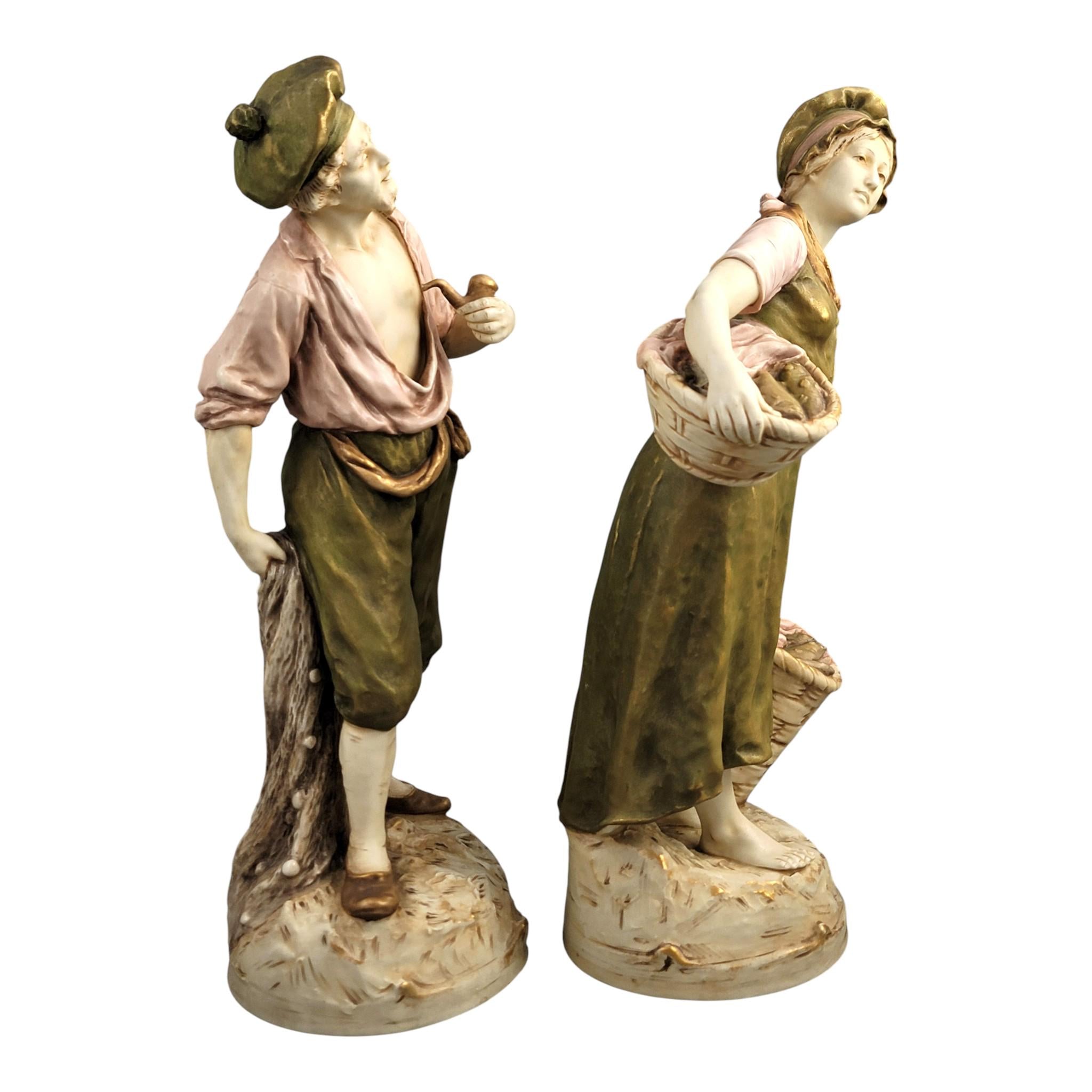Royal Dux Porcelain Fisherman and Fisherwoman Figures, Bohemia, c. 1918