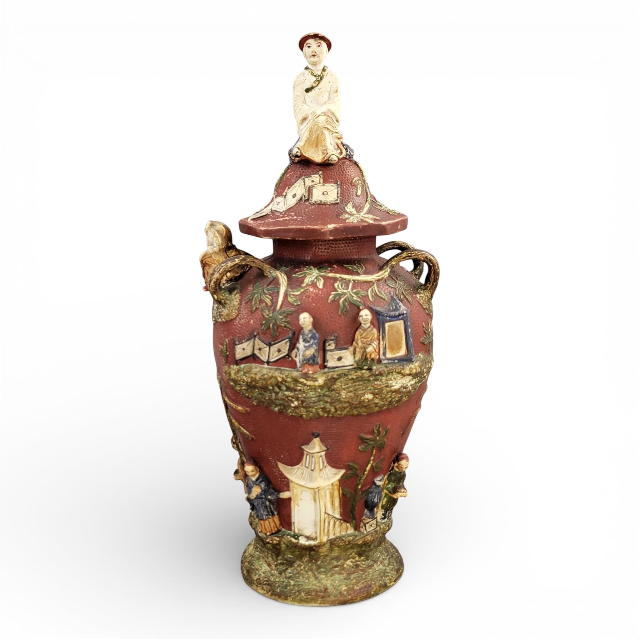 Rare Continental Maiolica Chinoiserie Vase with Cover, c. 1860–1880