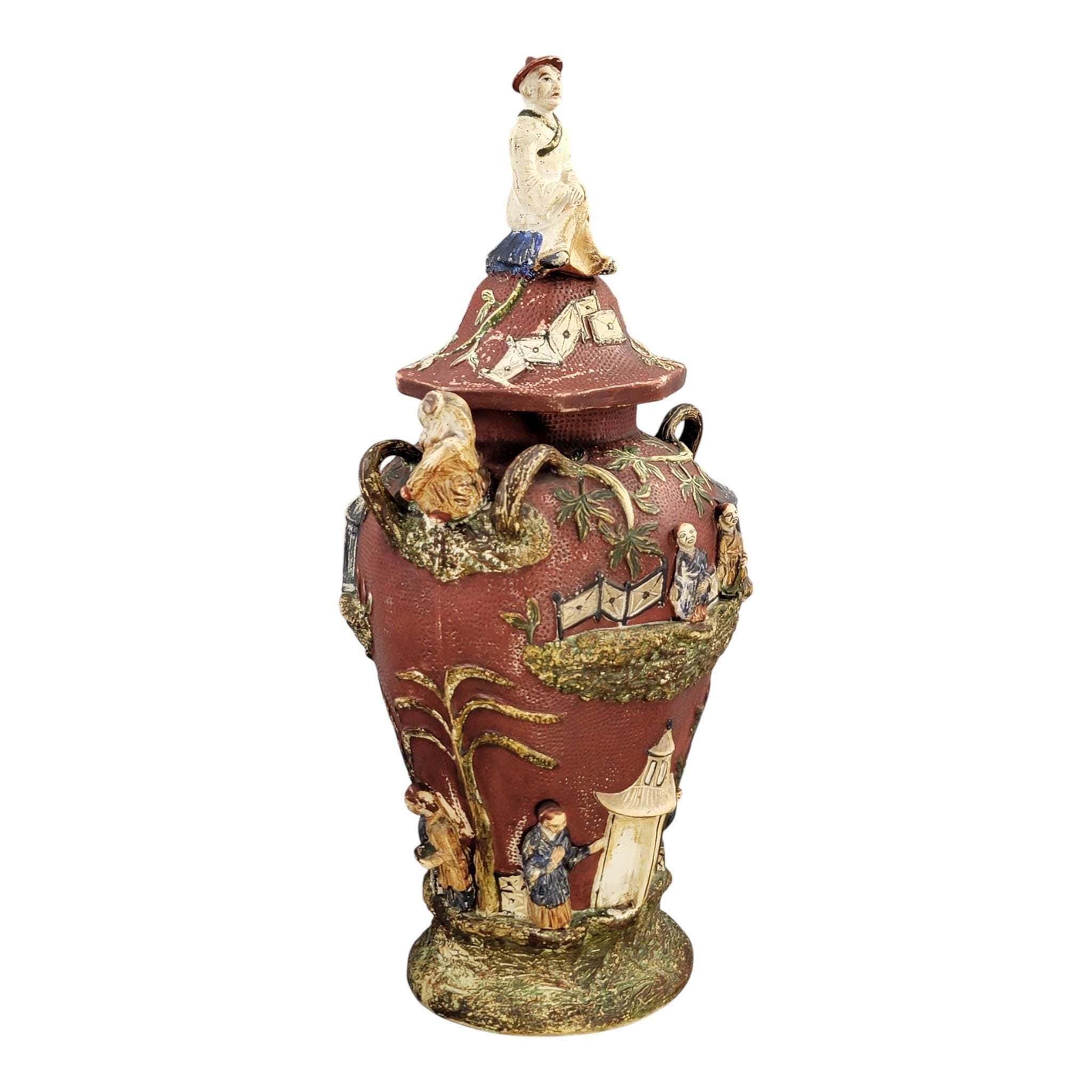 Rare Continental Maiolica Chinoiserie Vase with Cover, c. 1860–1880