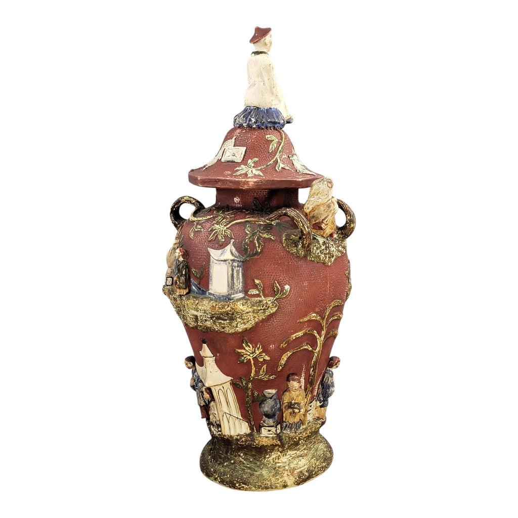 Rare Continental Maiolica Chinoiserie Vase with Cover, c. 1860–1880