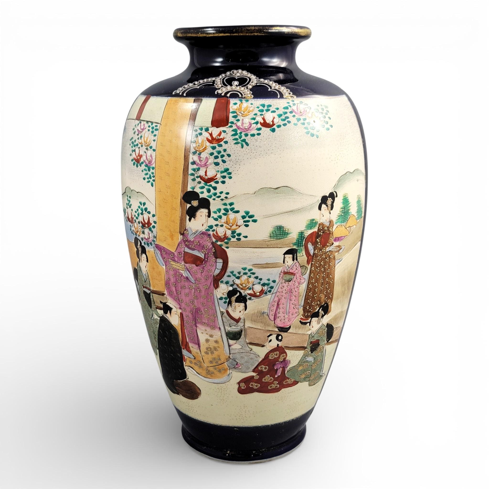 Satsuma Moriage Vase, Cobalt Ground with Court Ladies, Japan, c. 1890–1910