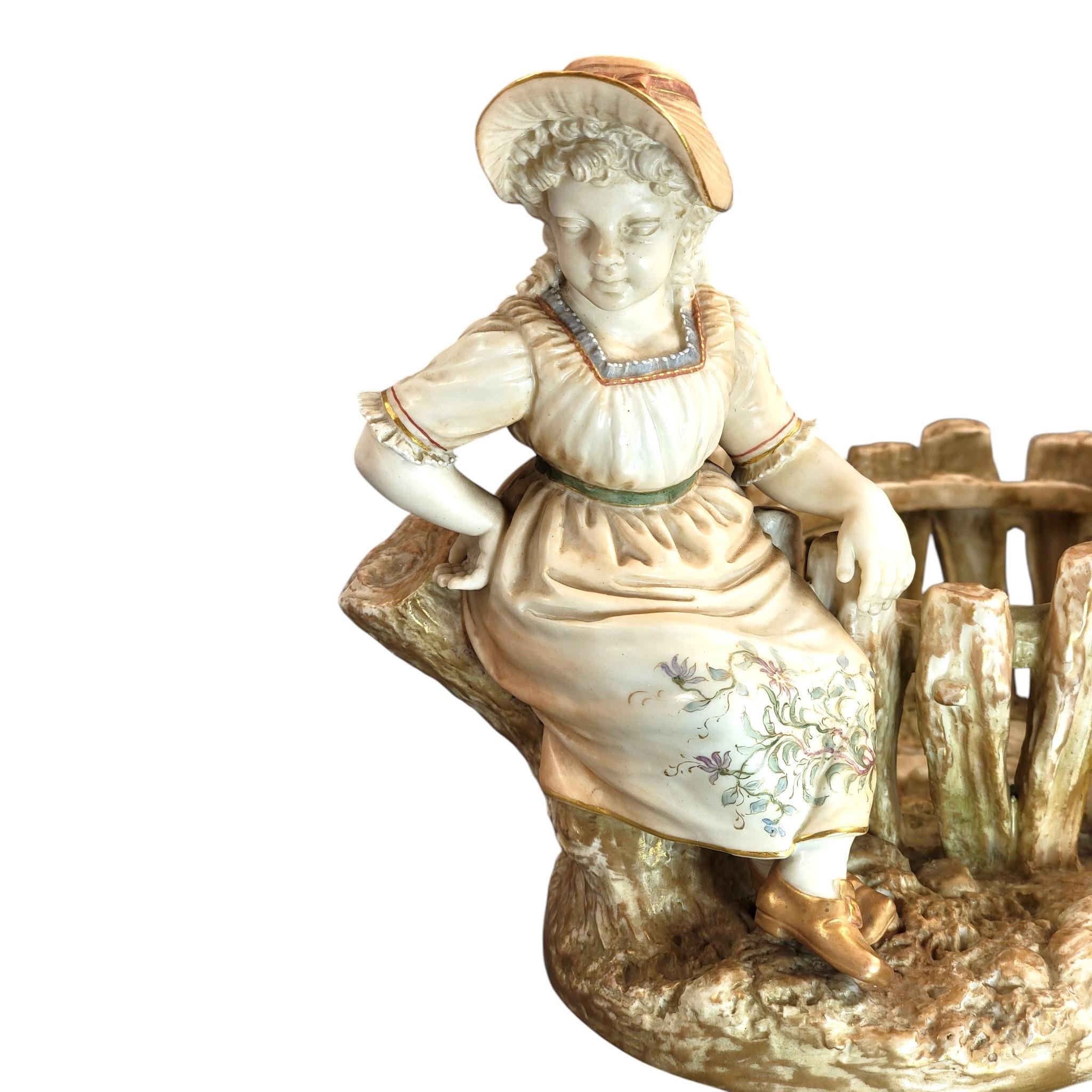 Royal Worcester Figural Jardinière “Girl by the Fence”, James Hadley, 1888