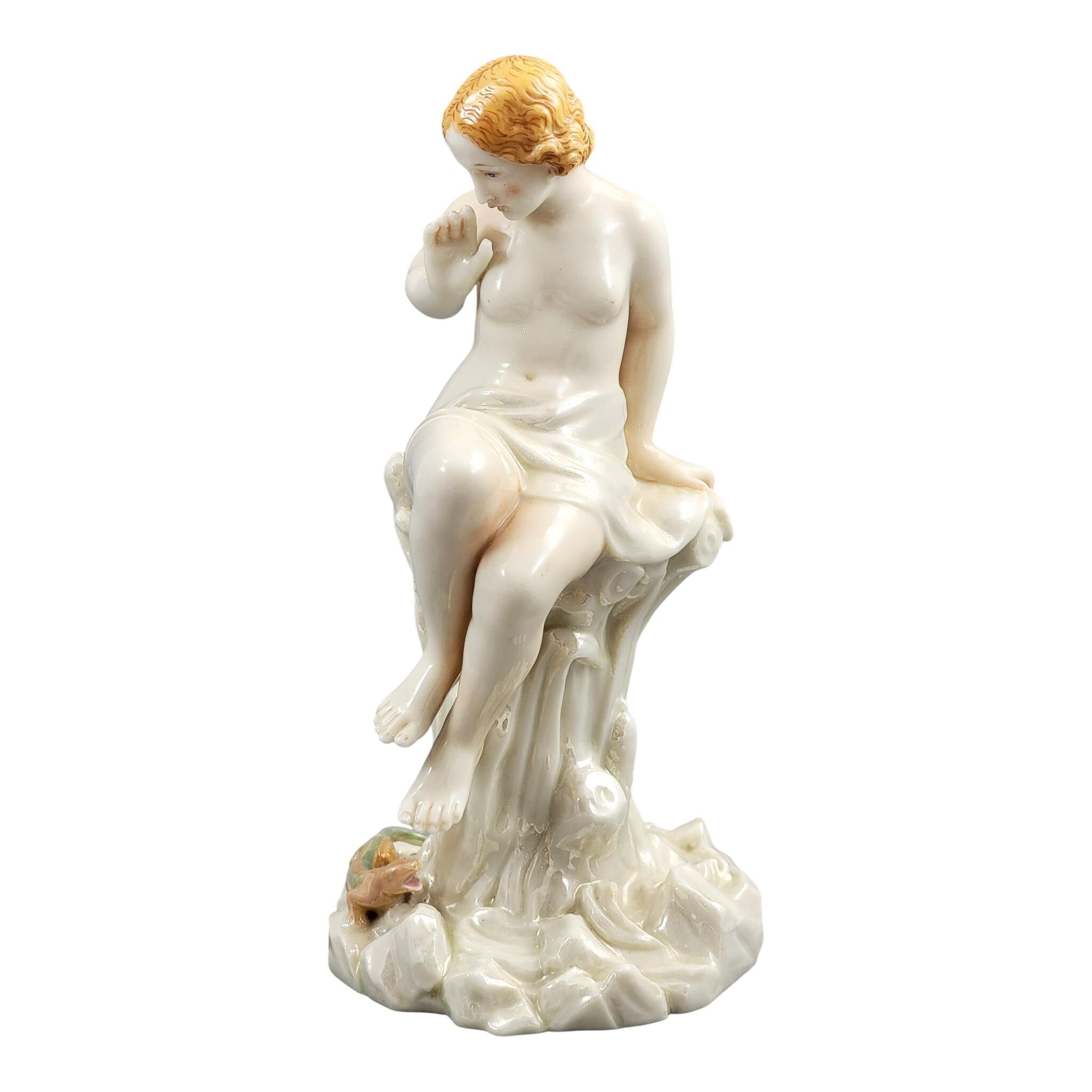 Royal Worcester iridescent porcelain maiden with lizard sculpture, c.1870