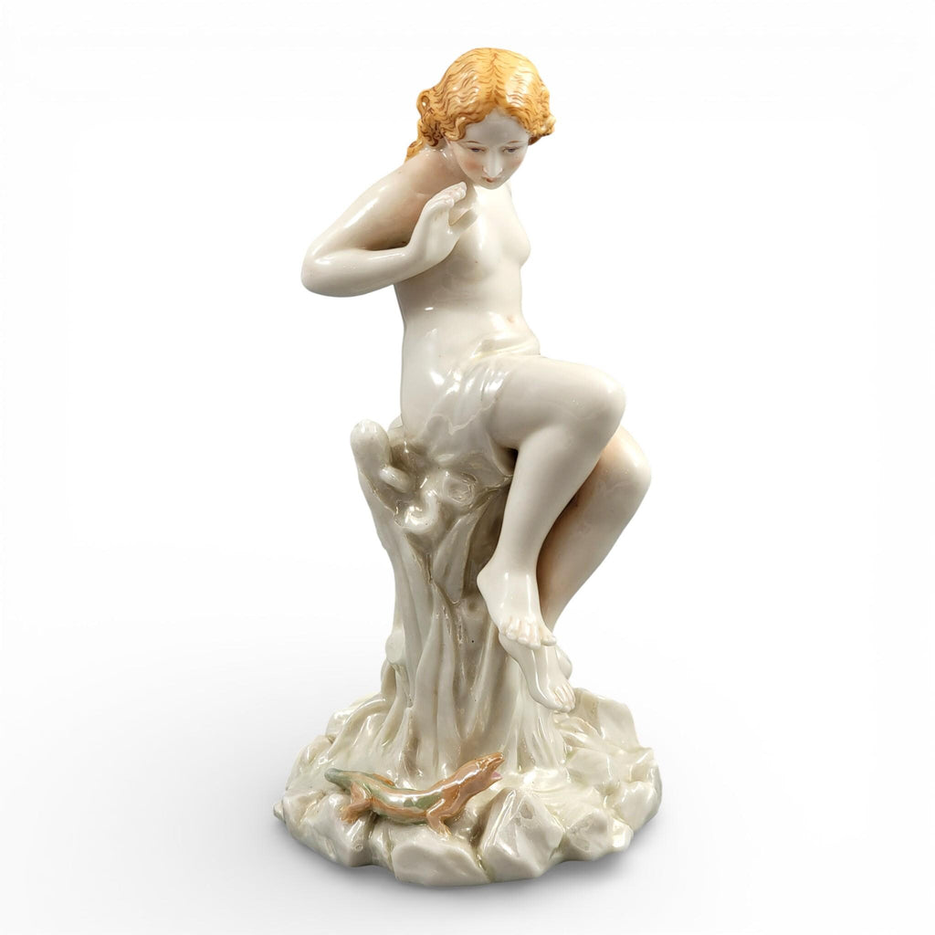 Royal Worcester iridescent porcelain maiden with lizard sculpture, c.1870