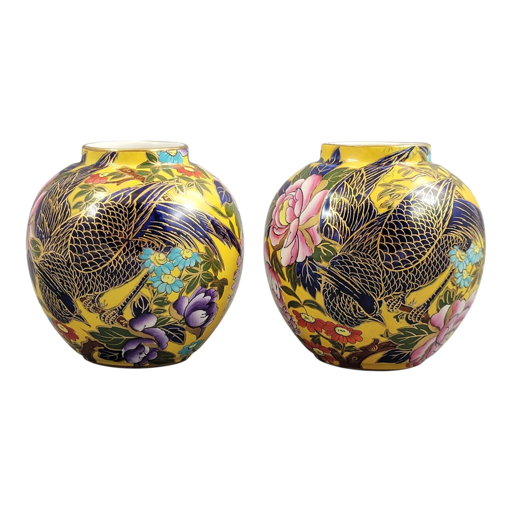 Mason’s Patent Ironstone Pair of Posy Vases with Exotic Bird, c.1915