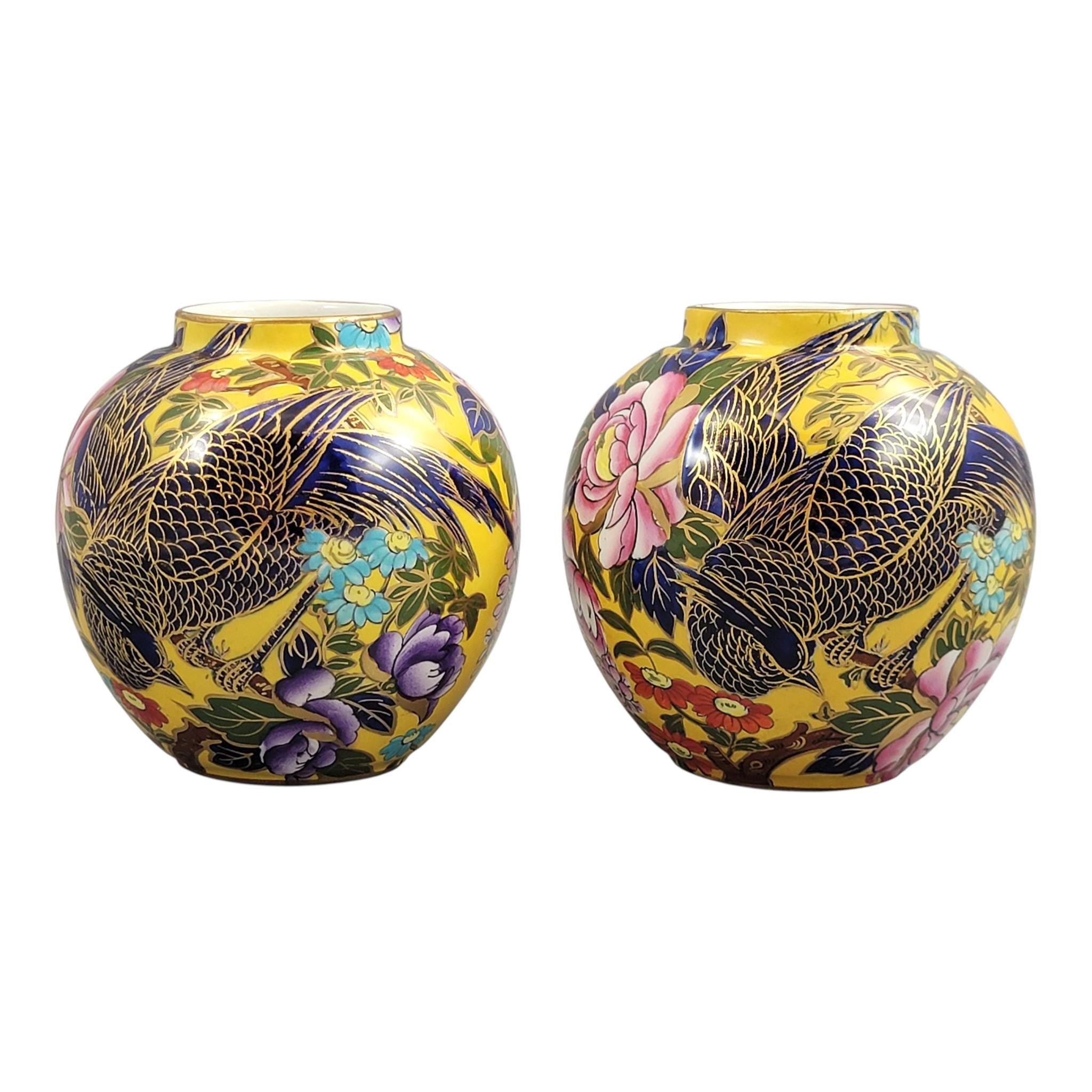 Mason’s Patent Ironstone Pair of Posy Vases with Exotic Bird, c.1915