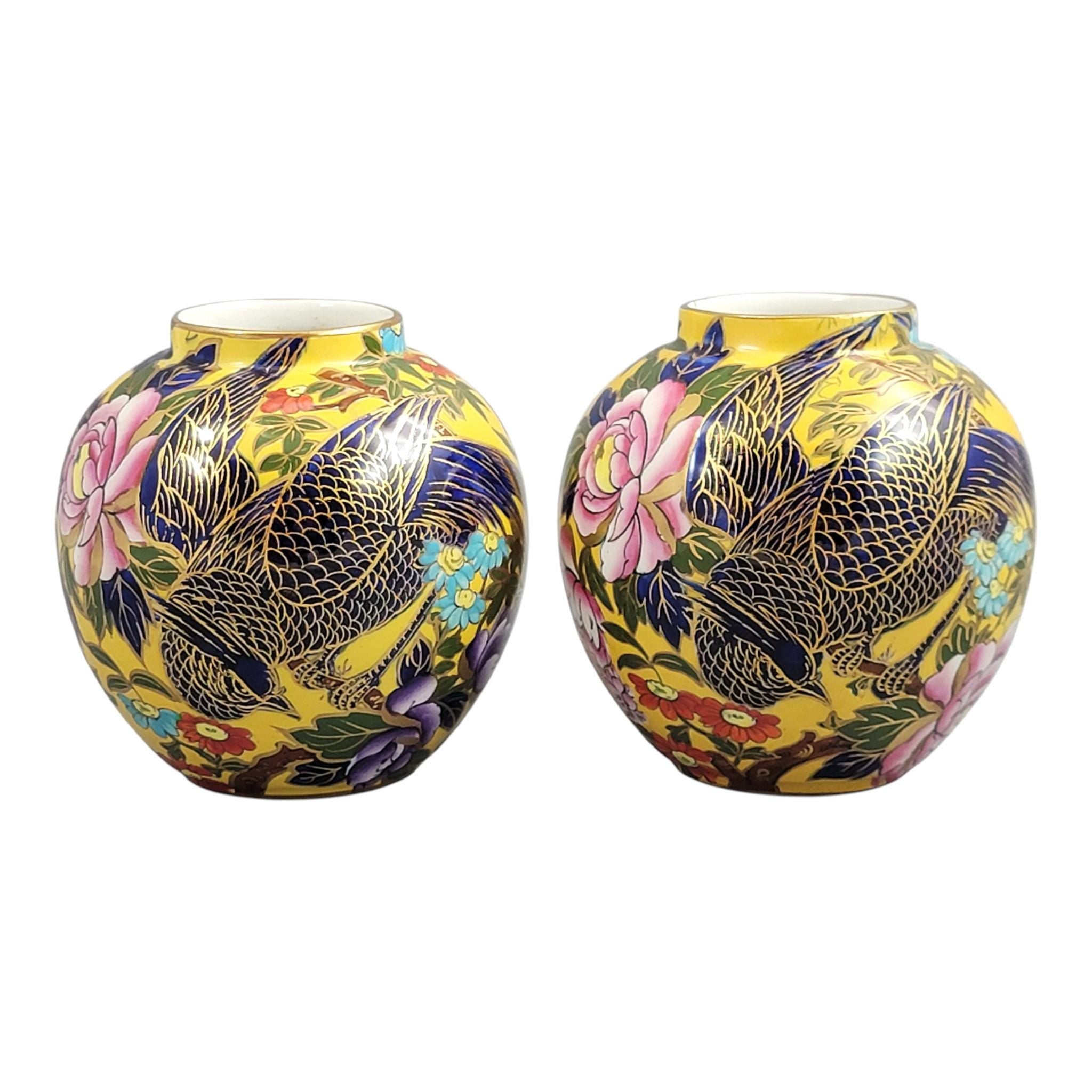Mason’s Patent Ironstone Pair of Posy Vases with Exotic Bird, c.1915