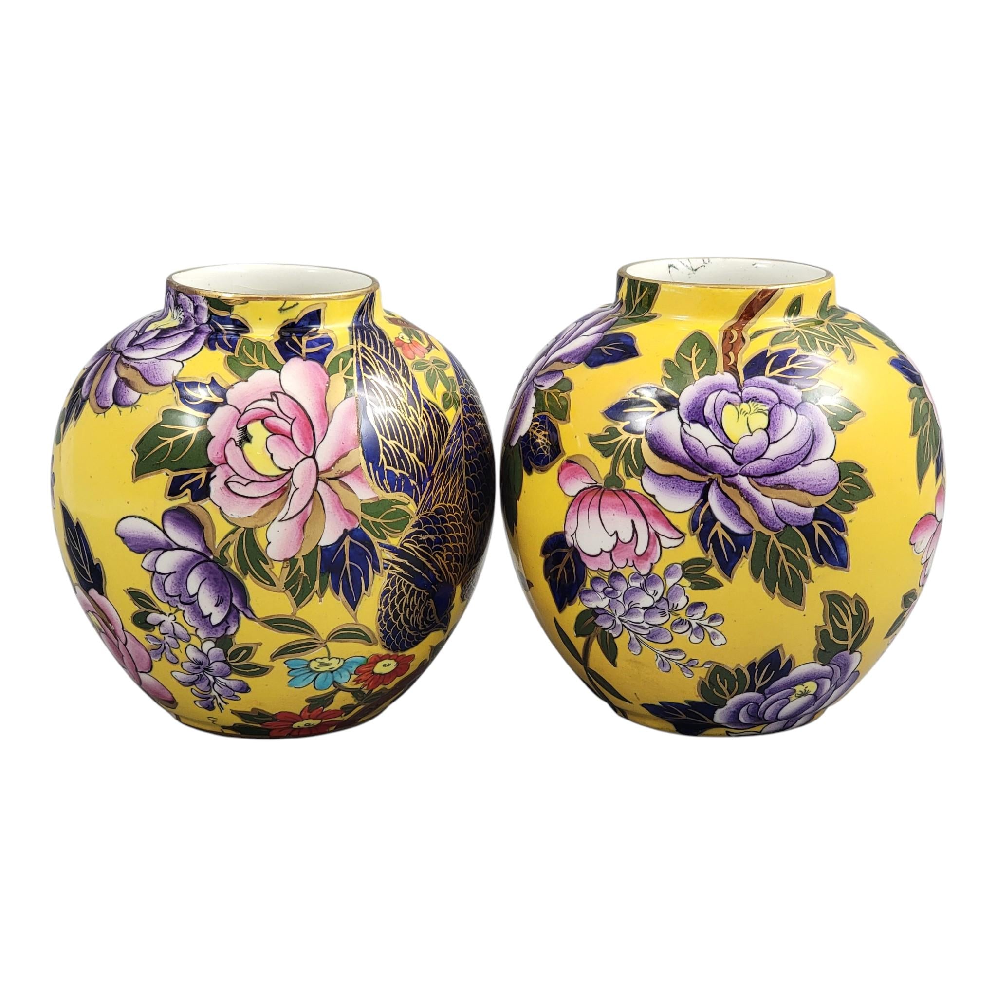 Mason’s Patent Ironstone Pair of Posy Vases with Exotic Bird, c.1915