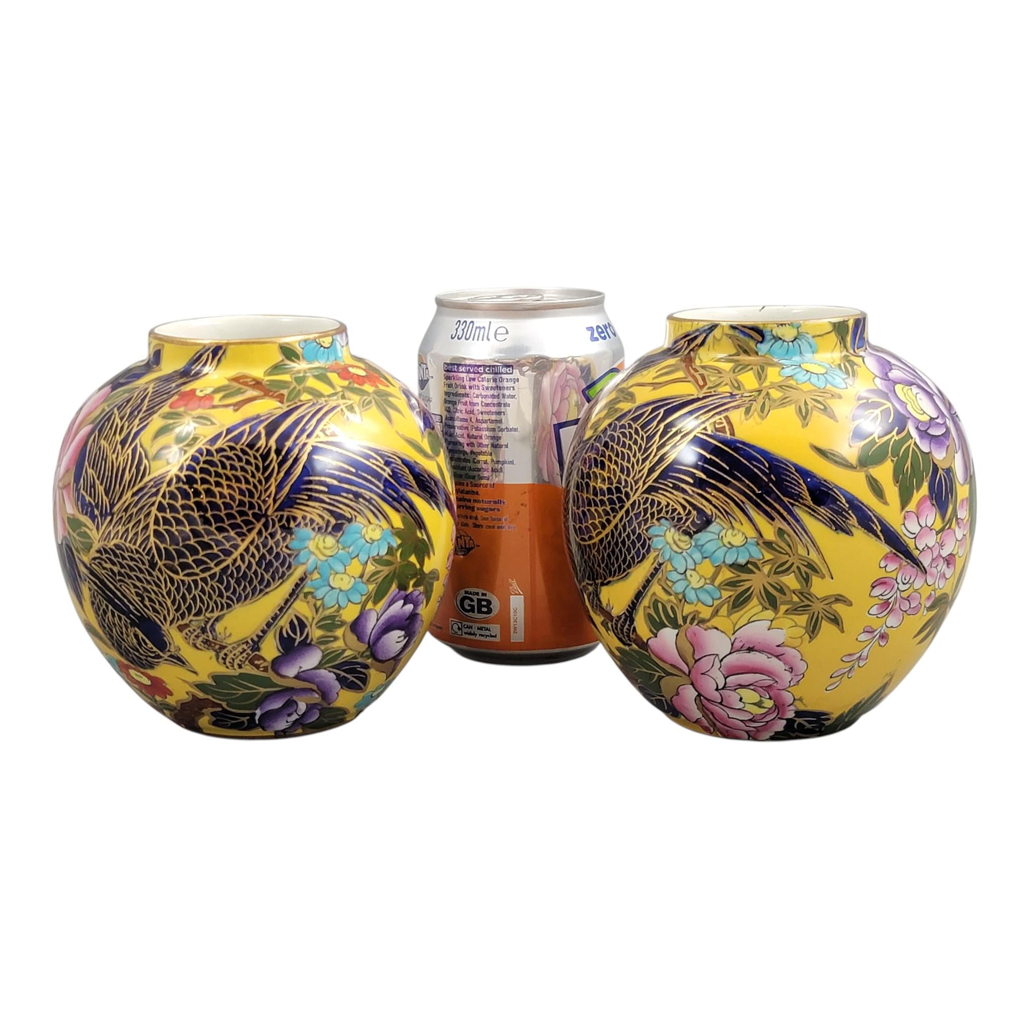 Mason’s Patent Ironstone Pair of Posy Vases with Exotic Bird, c.1915