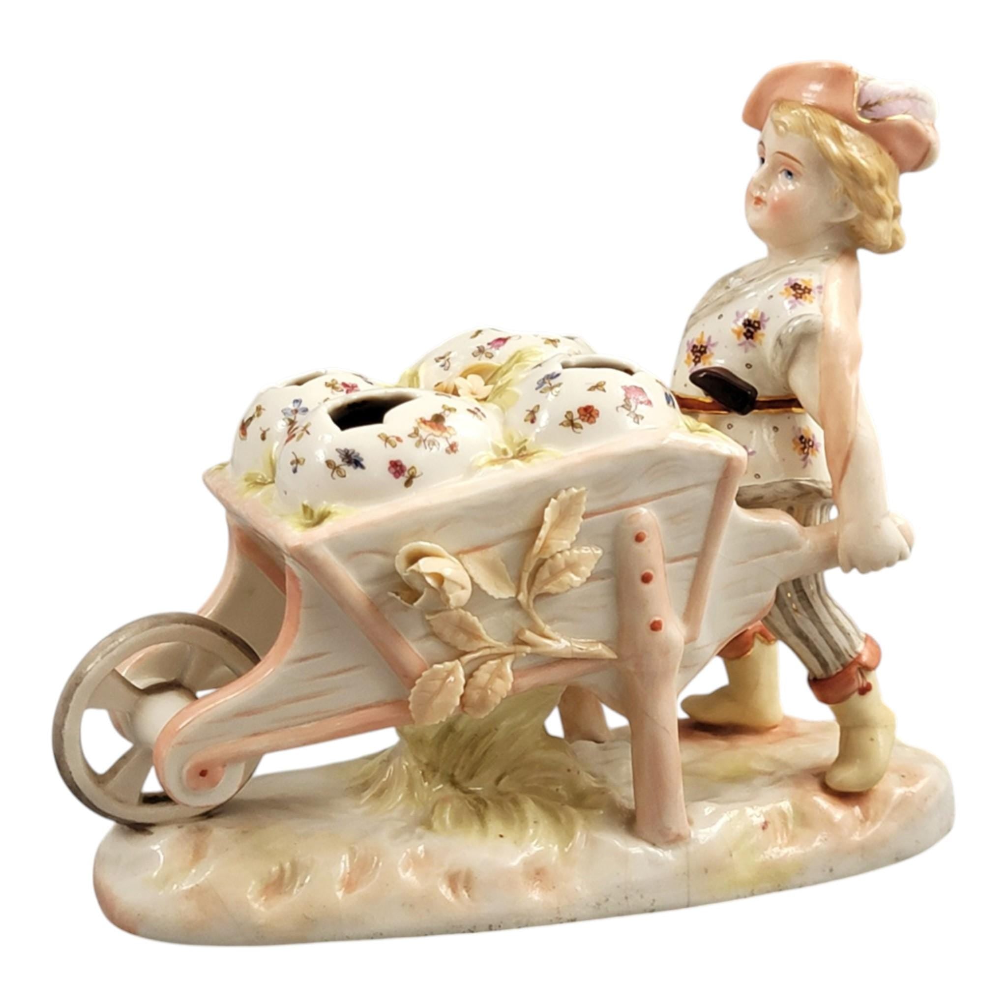 Krister KPM Waldenburg Figural Posy Holder Boy with Wheelbarrow, c. 1910