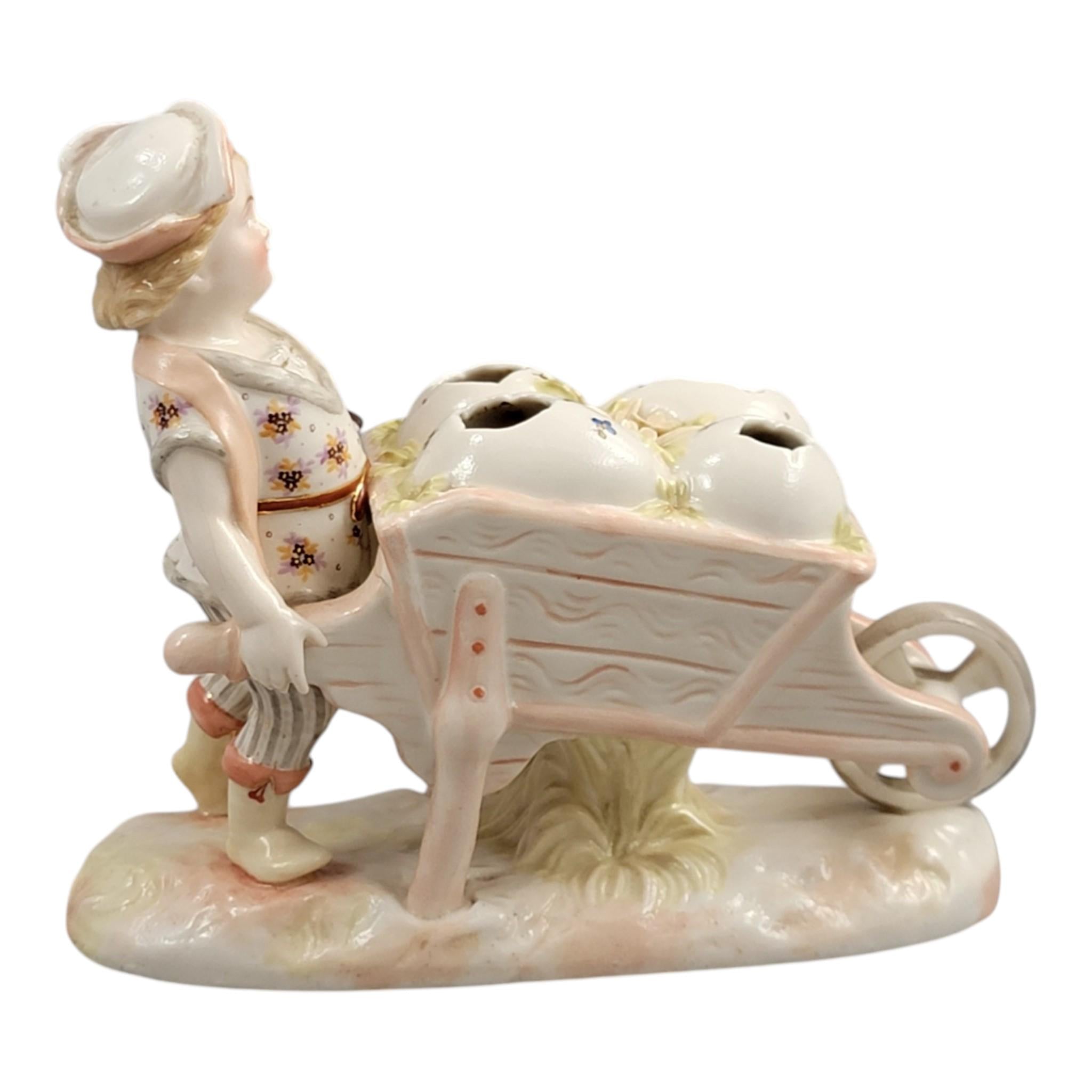 Krister KPM Waldenburg Figural Posy Holder Boy with Wheelbarrow, c. 1910