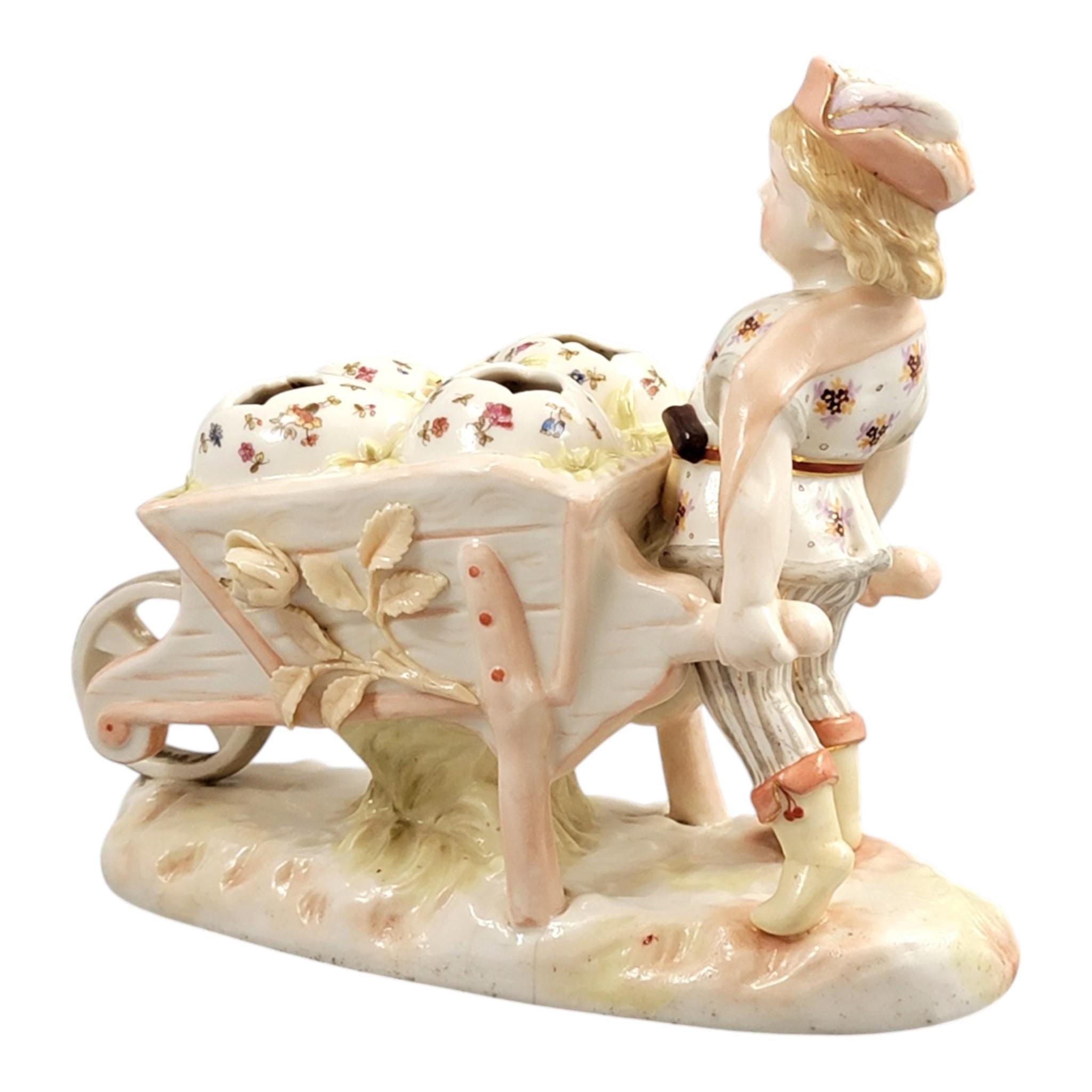 Krister KPM Waldenburg Figural Posy Holder Boy with Wheelbarrow, c. 1910