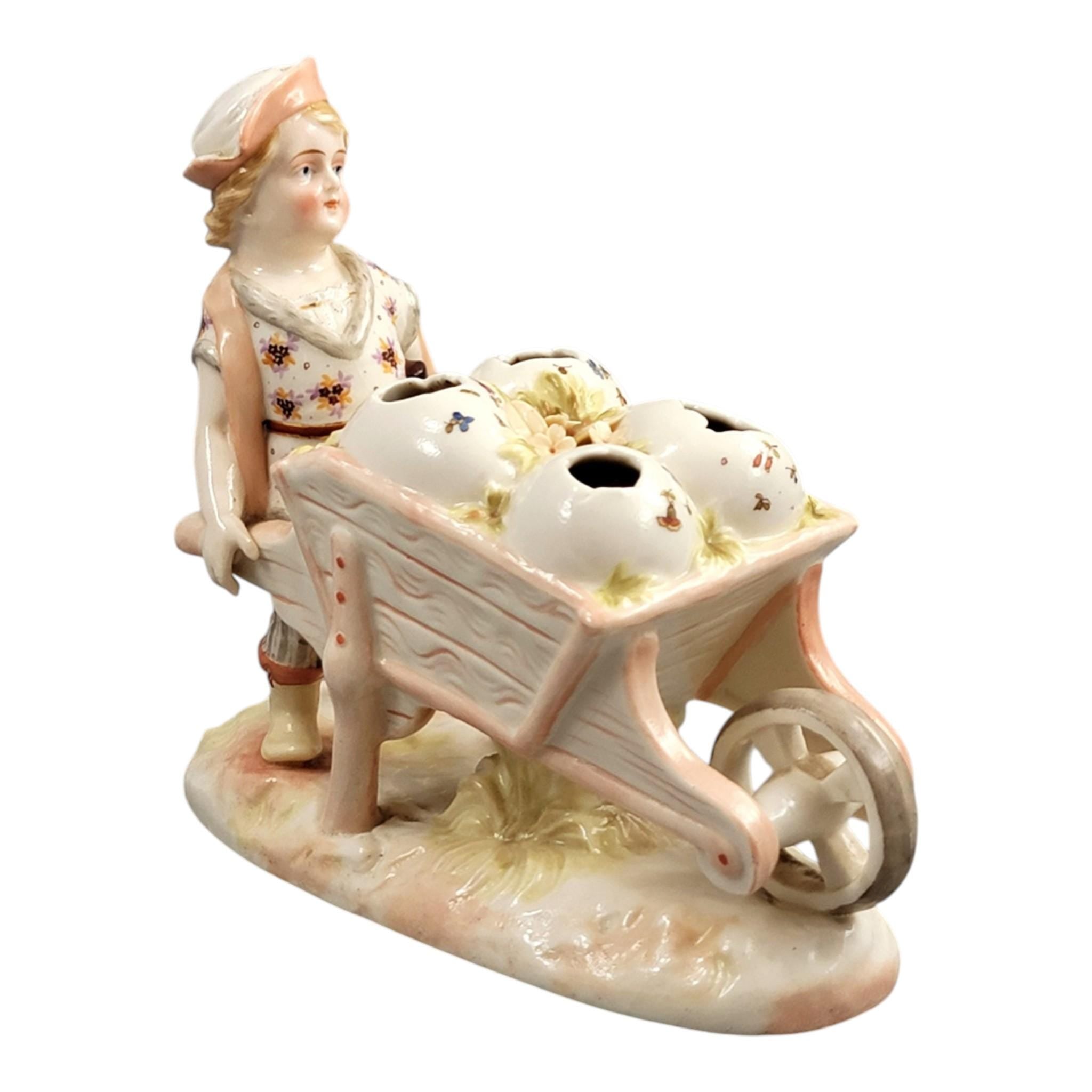 Krister KPM Waldenburg Figural Posy Holder Boy with Wheelbarrow, c. 1910