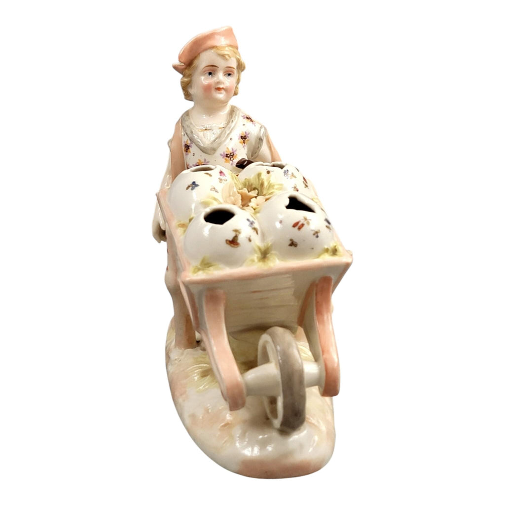Krister KPM Waldenburg Figural Posy Holder Boy with Wheelbarrow, c. 1910